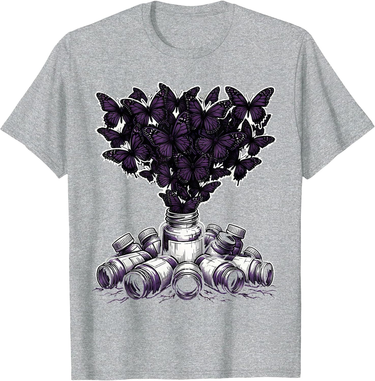 Men's Emo Pill Bottles Black Butterflies Graphic T-Shirt - Heather Grey