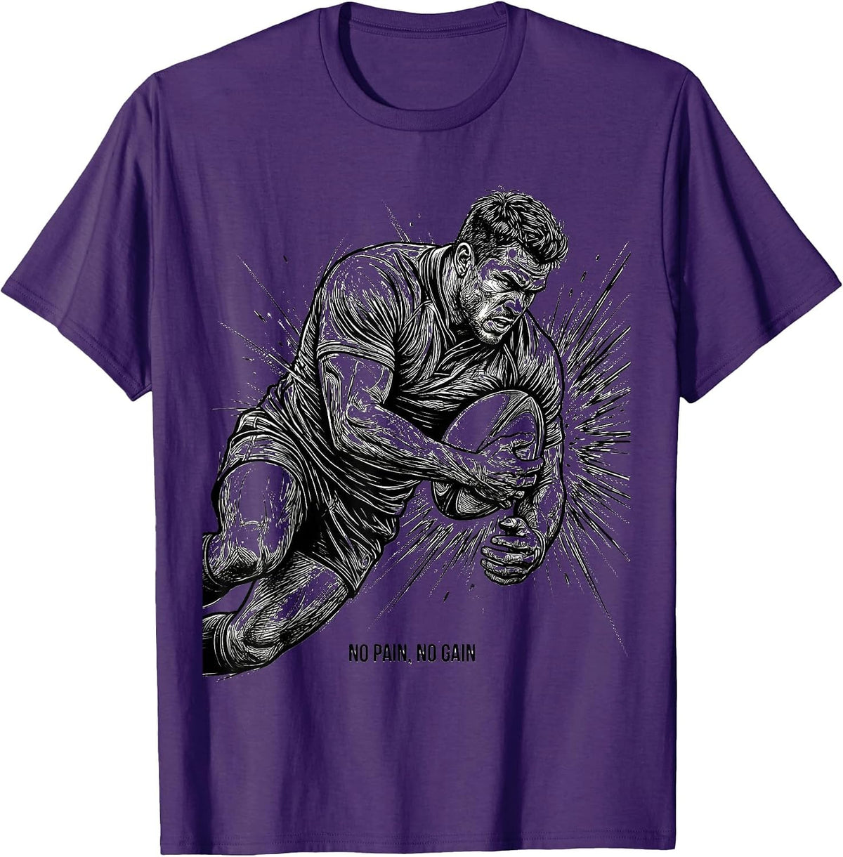 No Pain No Gain Rugby Graphic Design T-Shirt - Purple