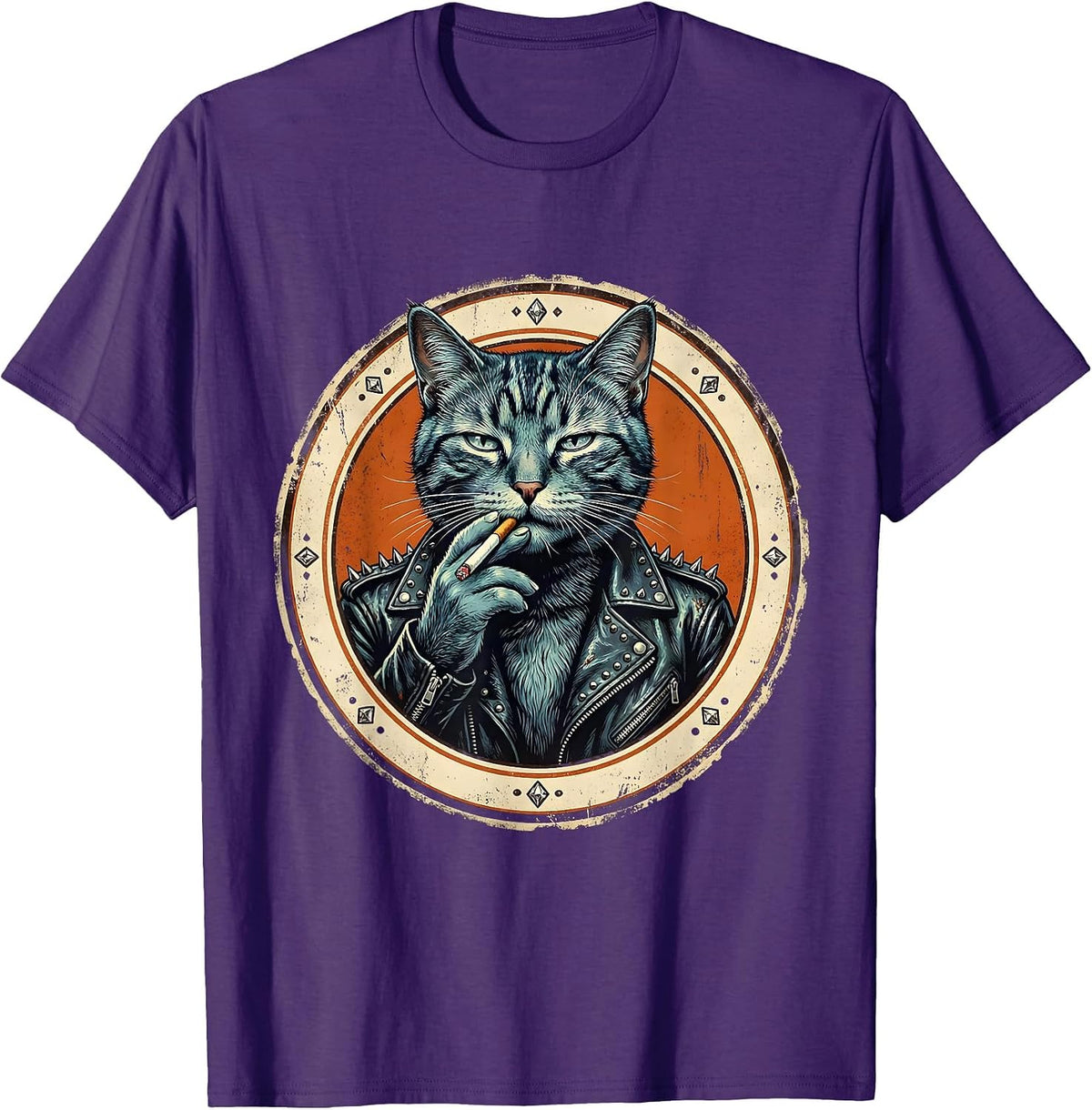 Cool Cat in Leather Jacket Smoking Illustration T-Shirt - Purple