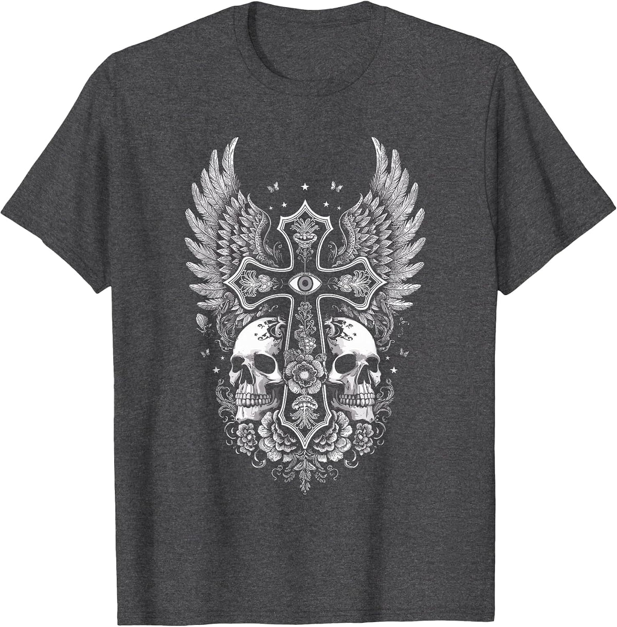 Emo Y2K Grunge Aesthetic Alt Goth Skull Cross Gothic T-Shirt - Dark Heather Grey