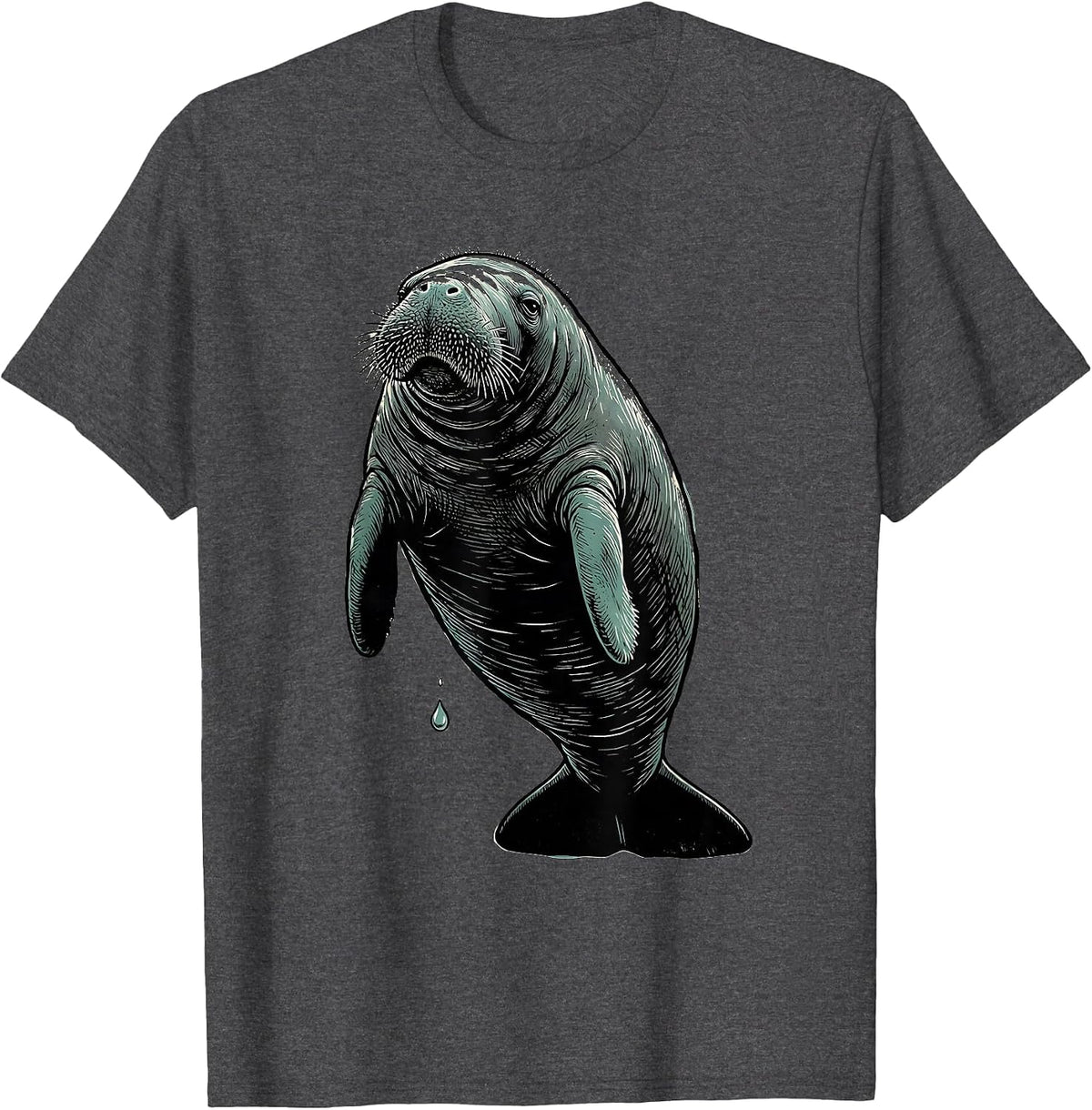 Manatee Linocut Novelty Sea Animal Lover Humor T-Shirt - Dark Heather Grey