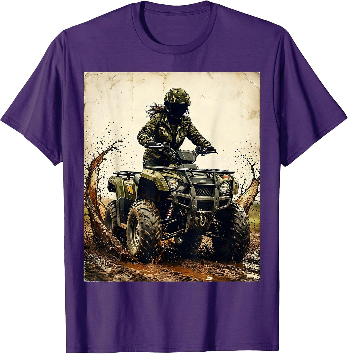 Camo Girl Four-Wheeler Mud Riding Graphic T-Shirt - Purple