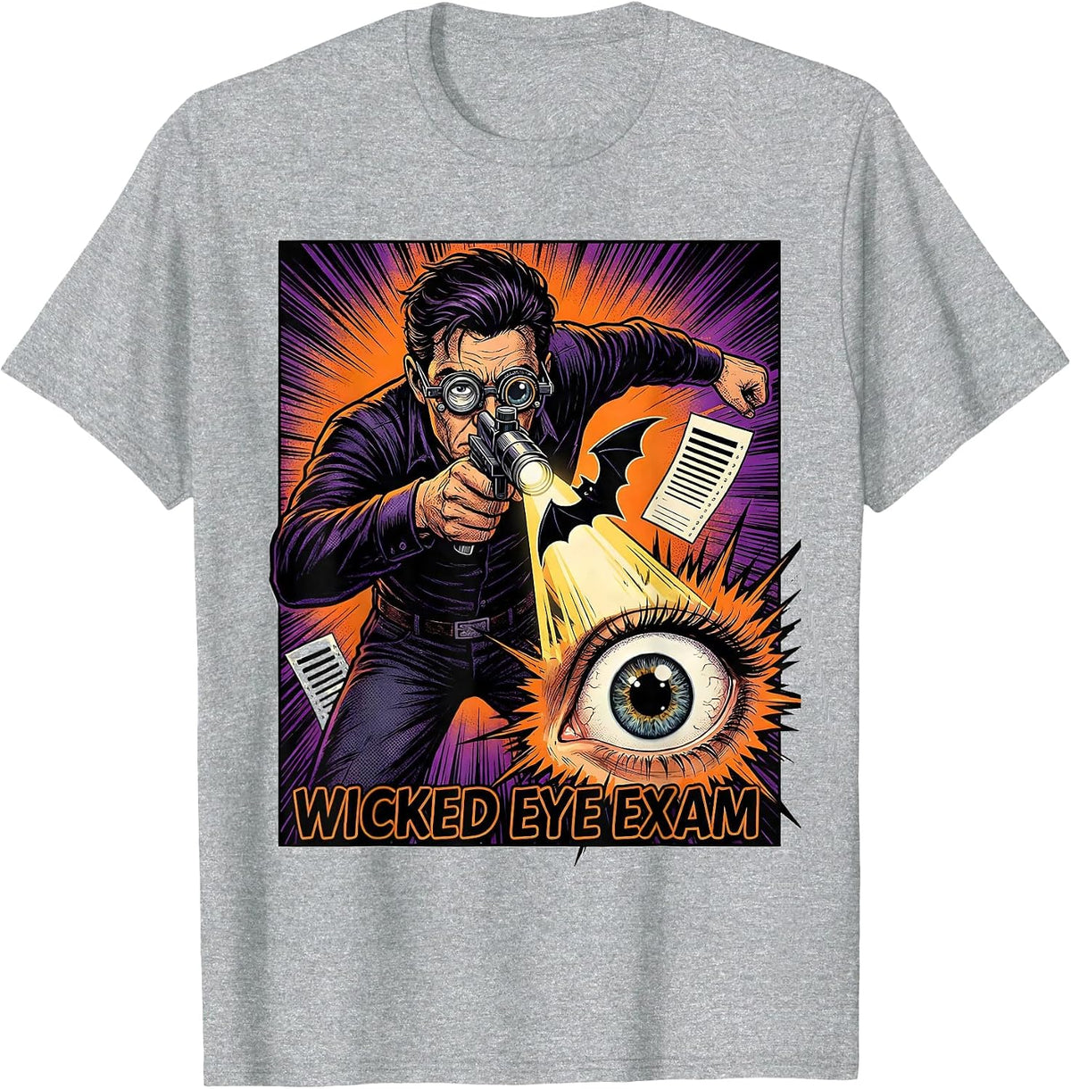 Men's Wicked Eye Exam Comic Book Optometrist Halloween Humor T-Shirt - Heather Grey