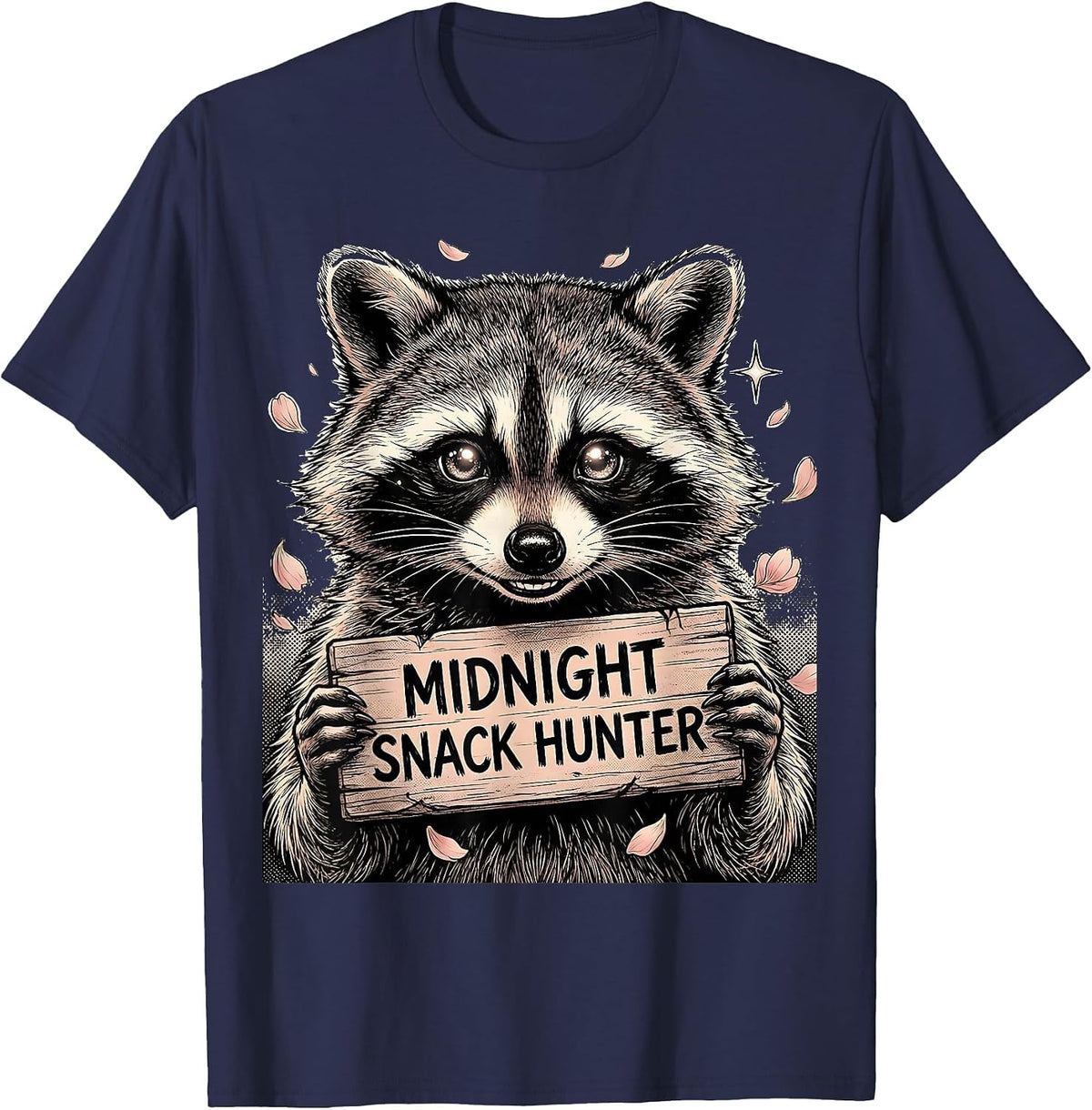 Midnight Snack Hunter Raccoon Graphic Design T-Shirt - Navy Blue