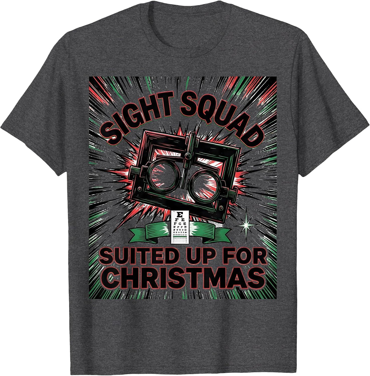 Men's Sight Squad, Suited Up For Christmas Comic Book Optometrist T-Shirt - Dark Heather Grey