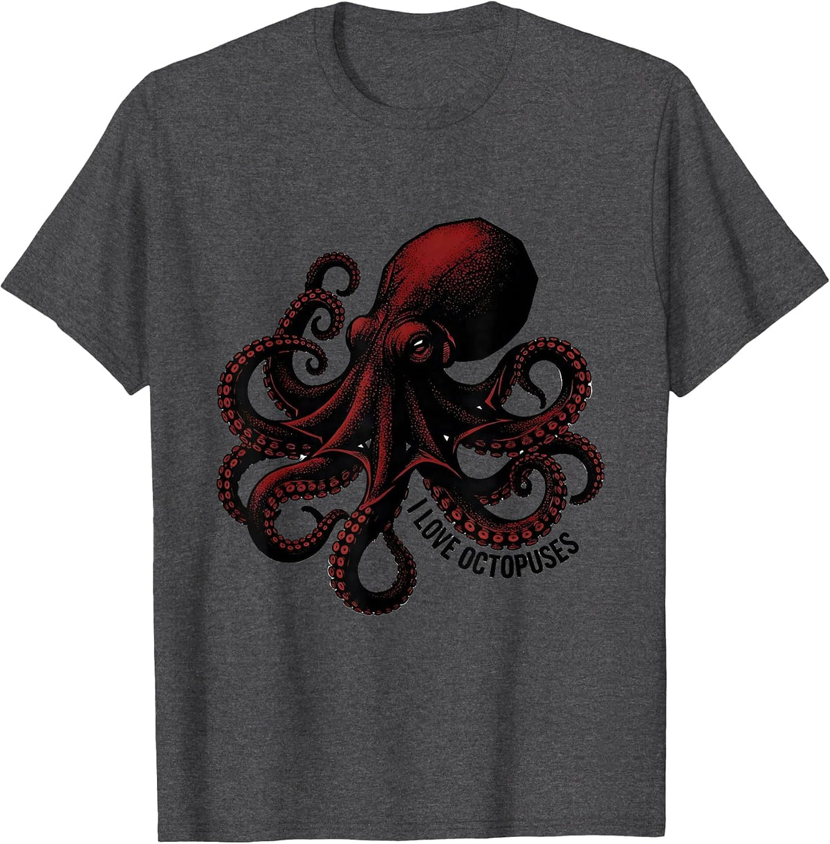 I Love Octopuses Blackwork Dotwork Ocean Wildlife Animal T-Shirt - Dark Heather Grey