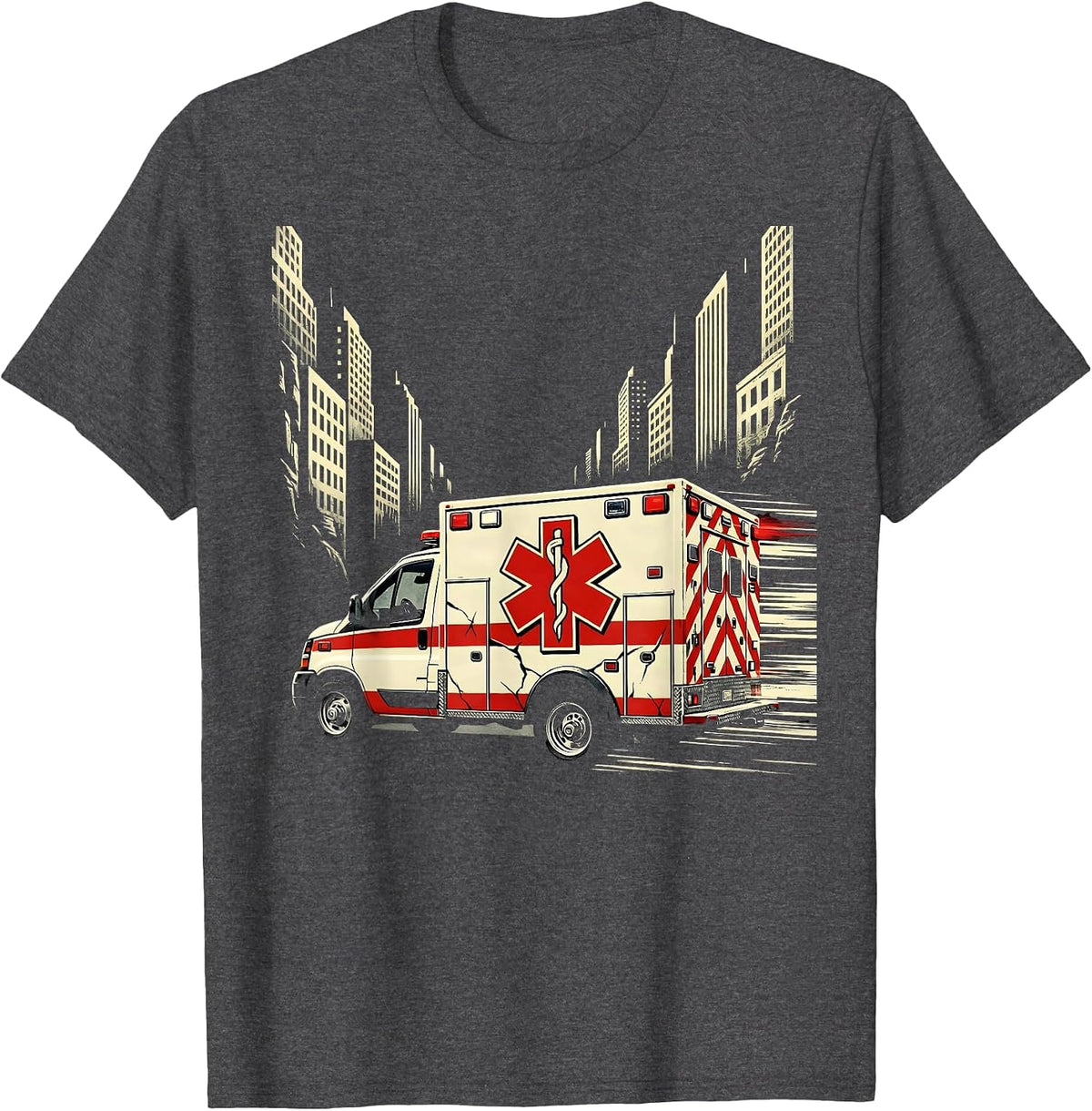 EMT Ambulance Speeding Through City at Night T-Shirt - Dark Heather Grey