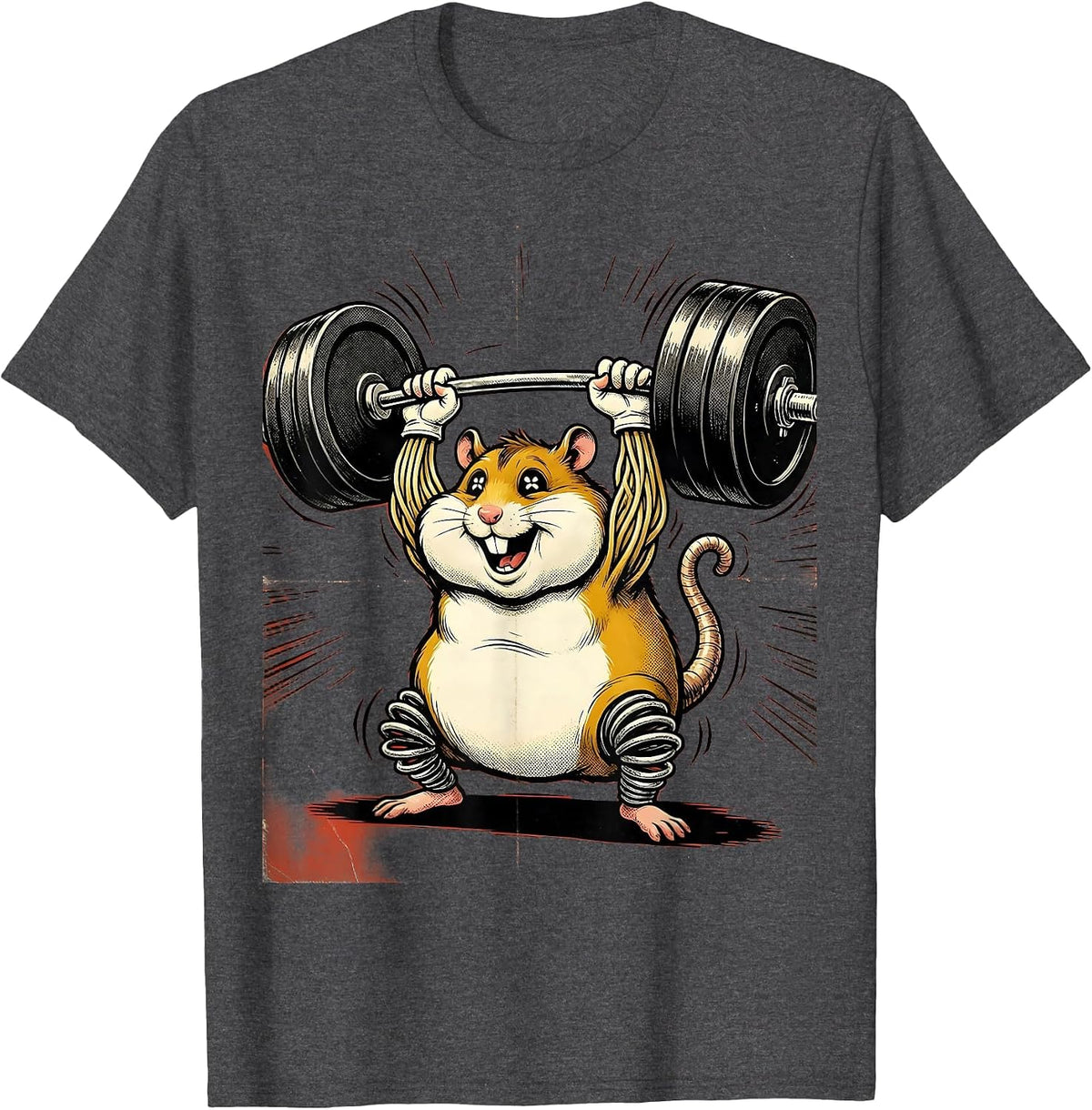 Men's Hamster Lifting Comically Oversized Barbell T-Shirt - Dark Heather Grey