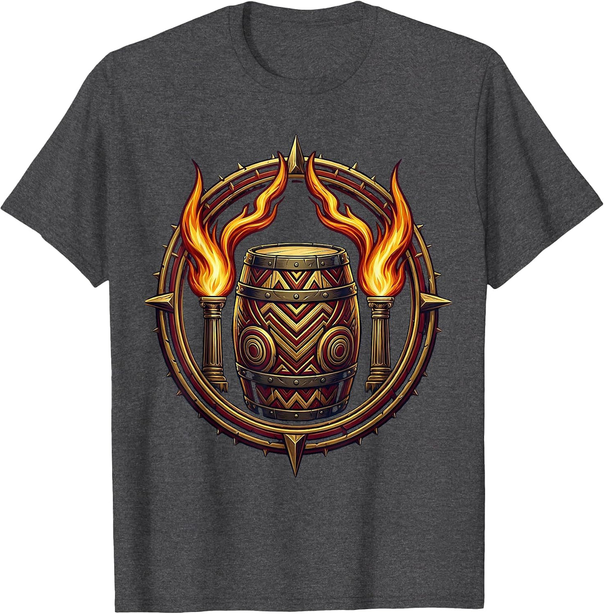 Tribal Drum Rising Flames Graphic Design T-Shirt - Dark Heather Grey