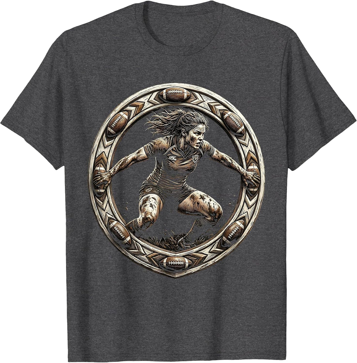 Men's Muddy Rugby Player Battle Stance Illustration T-Shirt - Dark Heather Grey