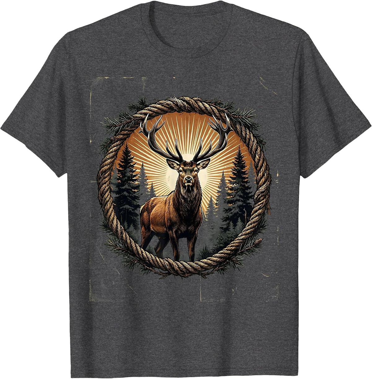 Men's Buck in Misty Forest Clearing Hunting Graphic T-Shirt - Dark Heather Grey