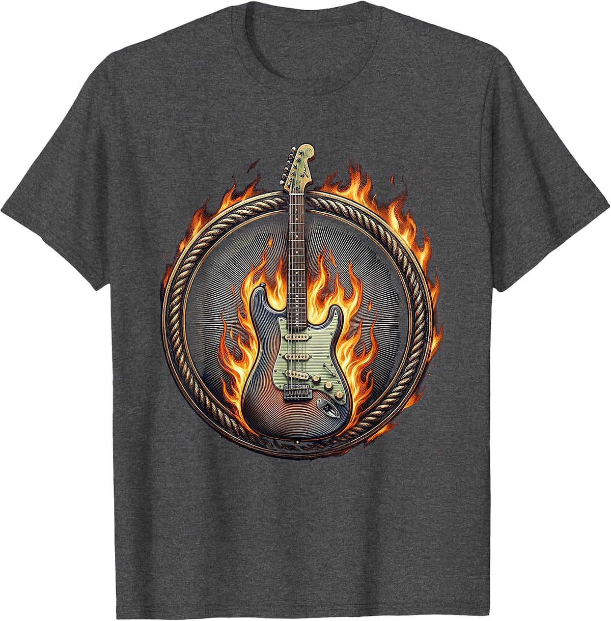 Men's Flaming Electric Guitar Metal Band Graphic T-Shirt - Dark Heather Grey