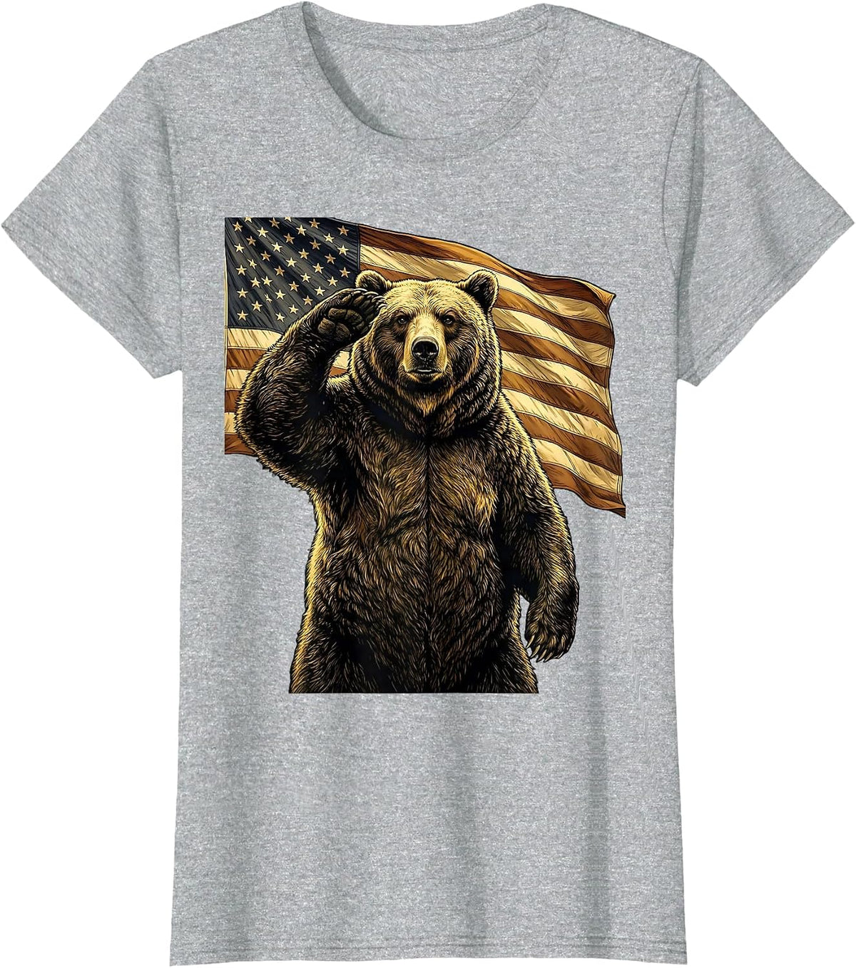 Patriotic Bear Waving American Flag Illustration T-Shirt - Heather Grey