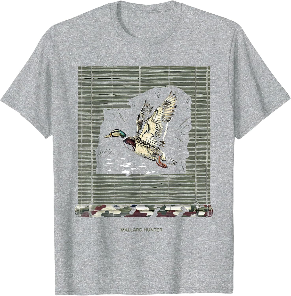 Men's Mallard Hunter Linocut Duck Hunting Camo Patriotic Gift T-Shirt - Heather Grey