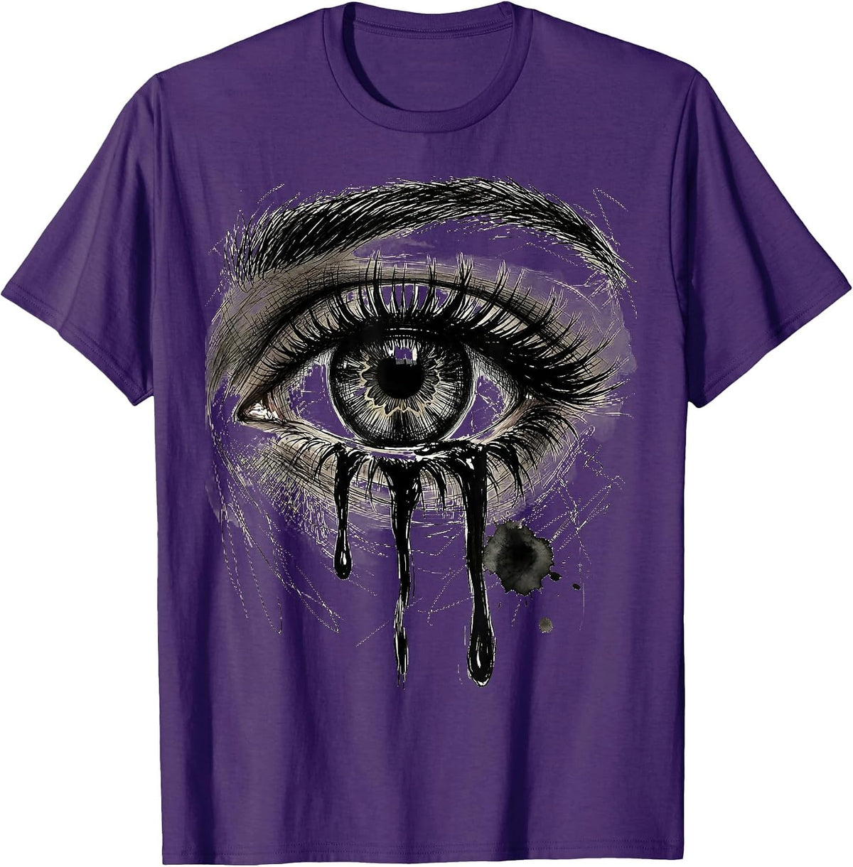 Crying Eye Dripping Mascara Emo Graphic Tee T-Shirt - Purple
