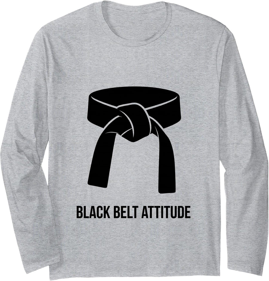 Black Belt Attitude Bold Martial Arts Design Long Sleeve T-Shirt - Adult Unisex Heather Grey