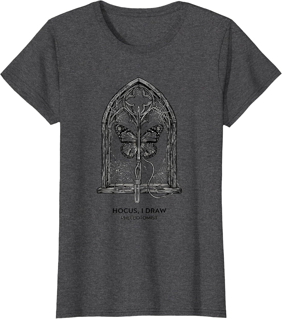 Women's Hocus, I Draw, Phlebotomist Funny Halloween Nurse Lab Tech T-Shirt - Dark Heather Grey