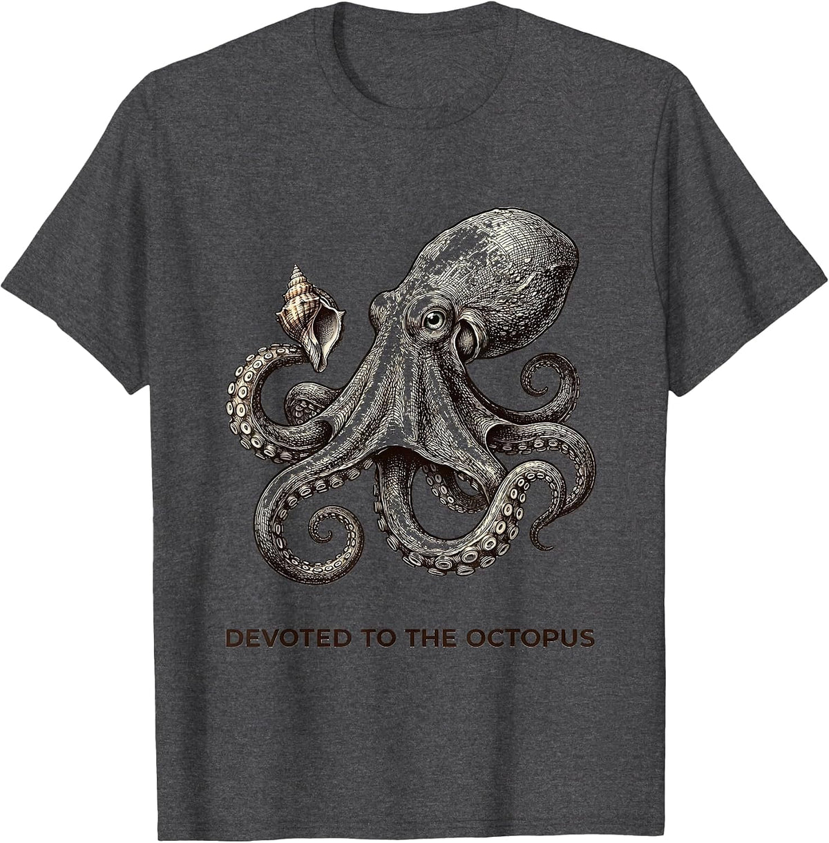 Men's Devoted to the Octopus Crosshatch Etching Octopus Lover T-Shirt - Dark Heather Grey