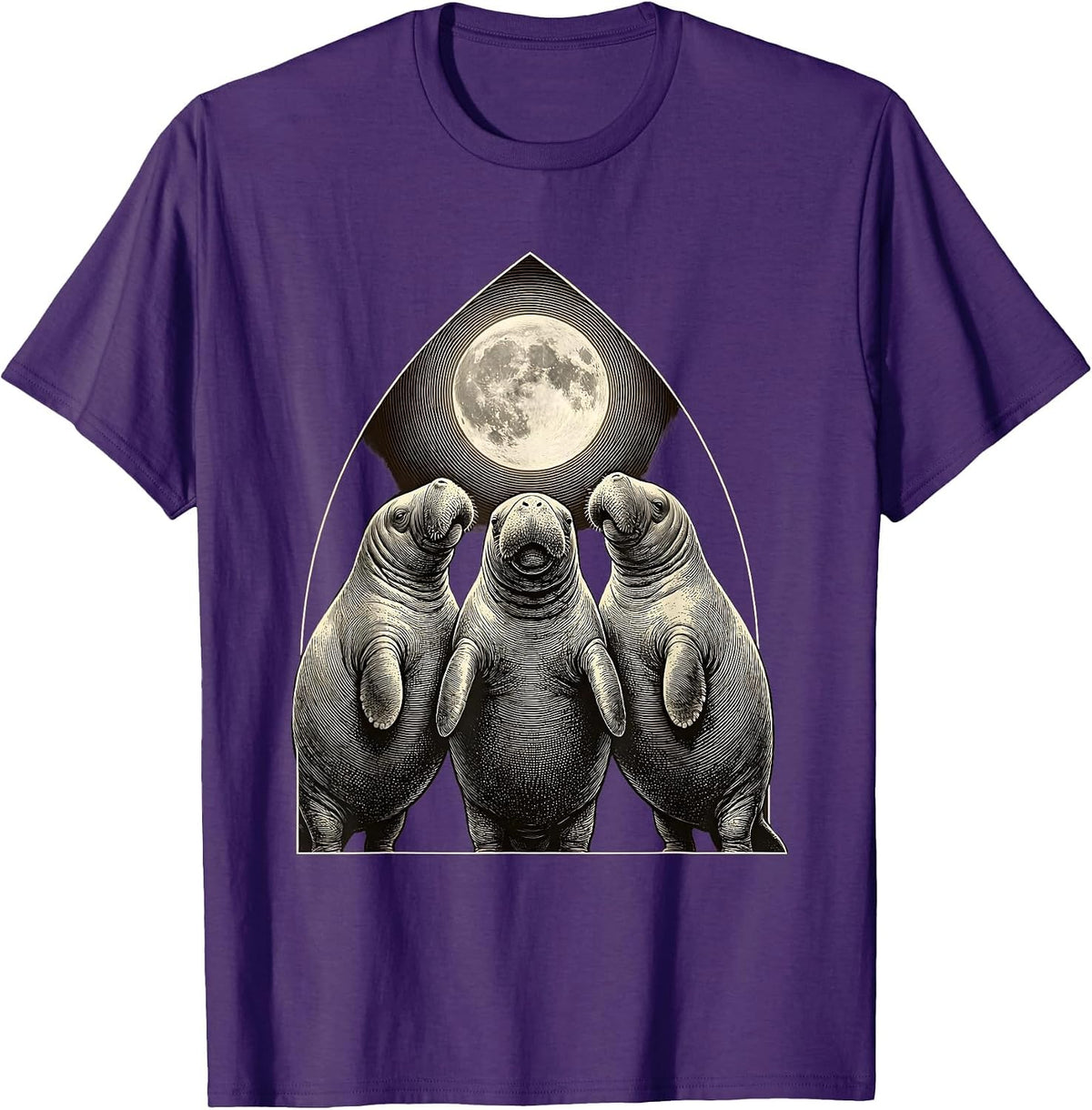 Men's Three Manatees Moon Crosshatch Etching Absurdist Meme T-Shirt - Purple