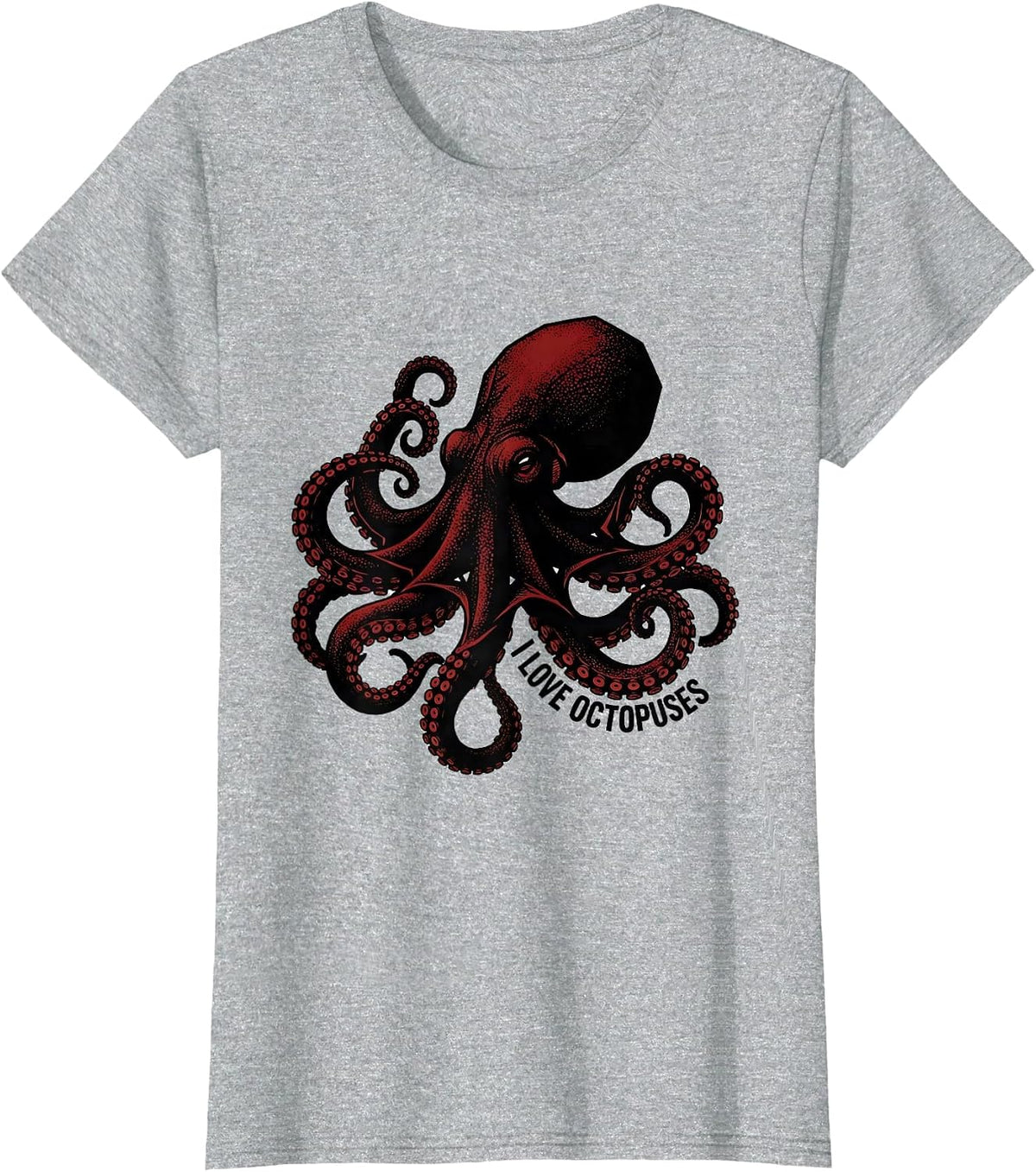 I Love Octopuses Blackwork Dotwork Ocean Wildlife Animal T-Shirt - Heather Grey