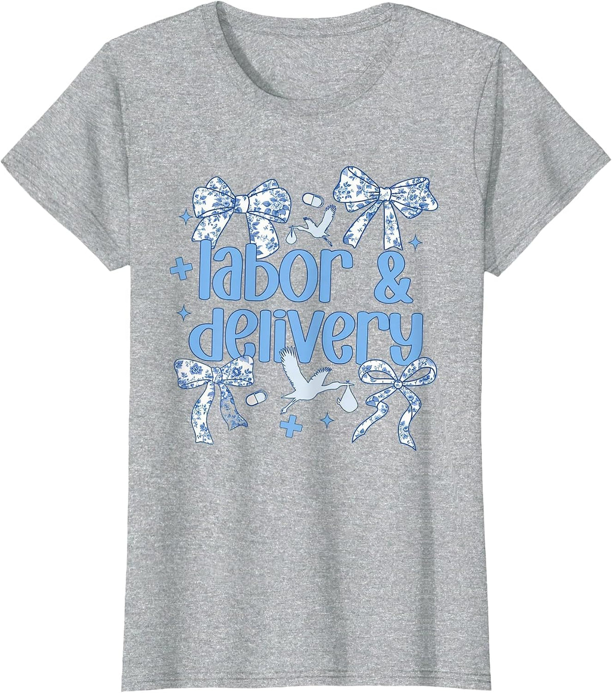 Labor and Delivery Nurse Blue Toile Nurse Stork Squad OB T-Shirt - Heather Grey