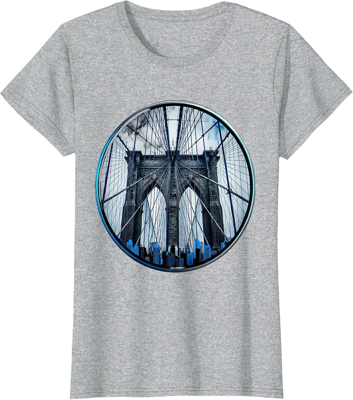 Brooklyn Bridge Foggy Skyline Illustration T-Shirt - Heather Grey