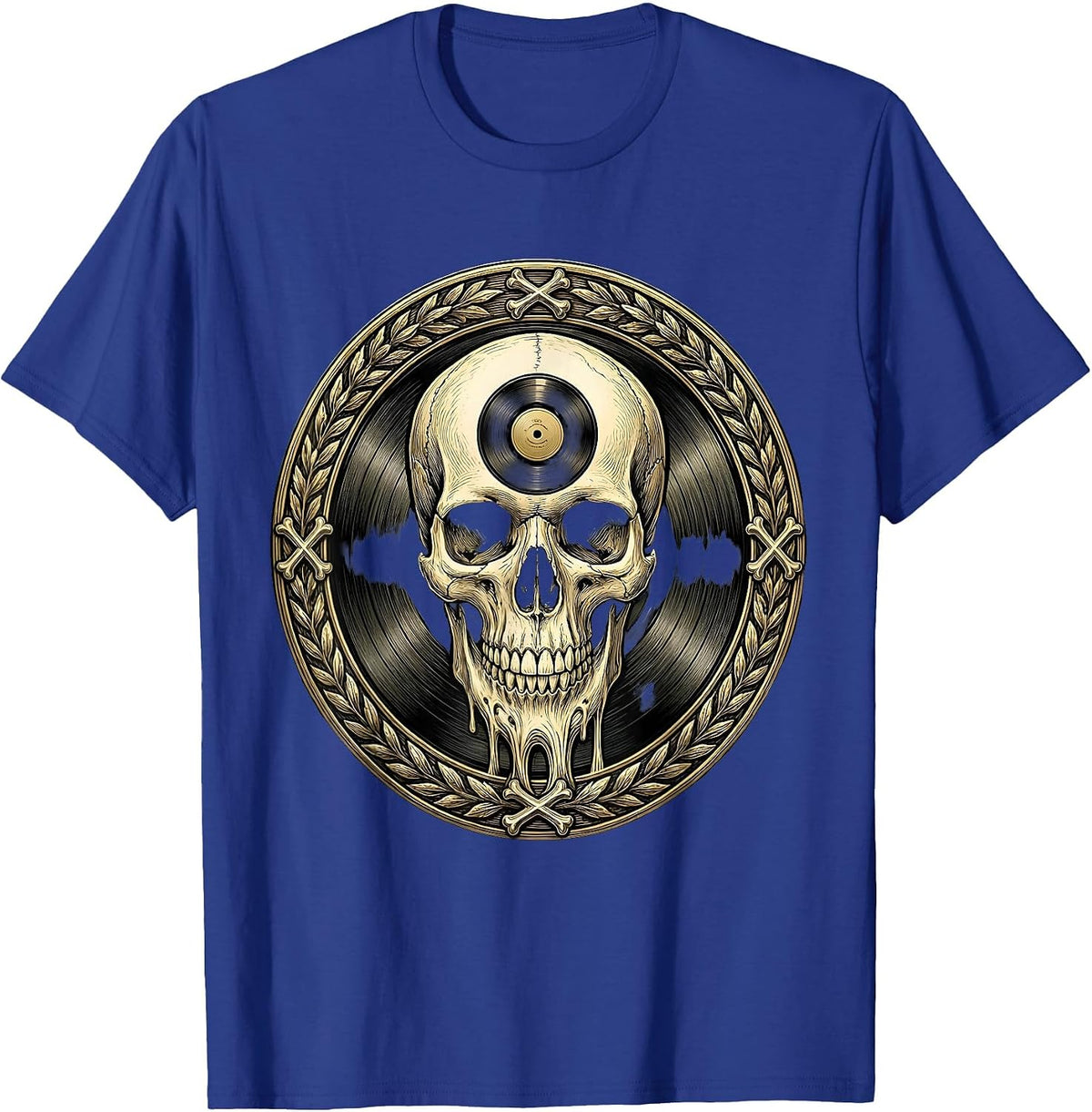 Skull Melting Into Vinyl Record Rock Art T-Shirt - Royal Blue