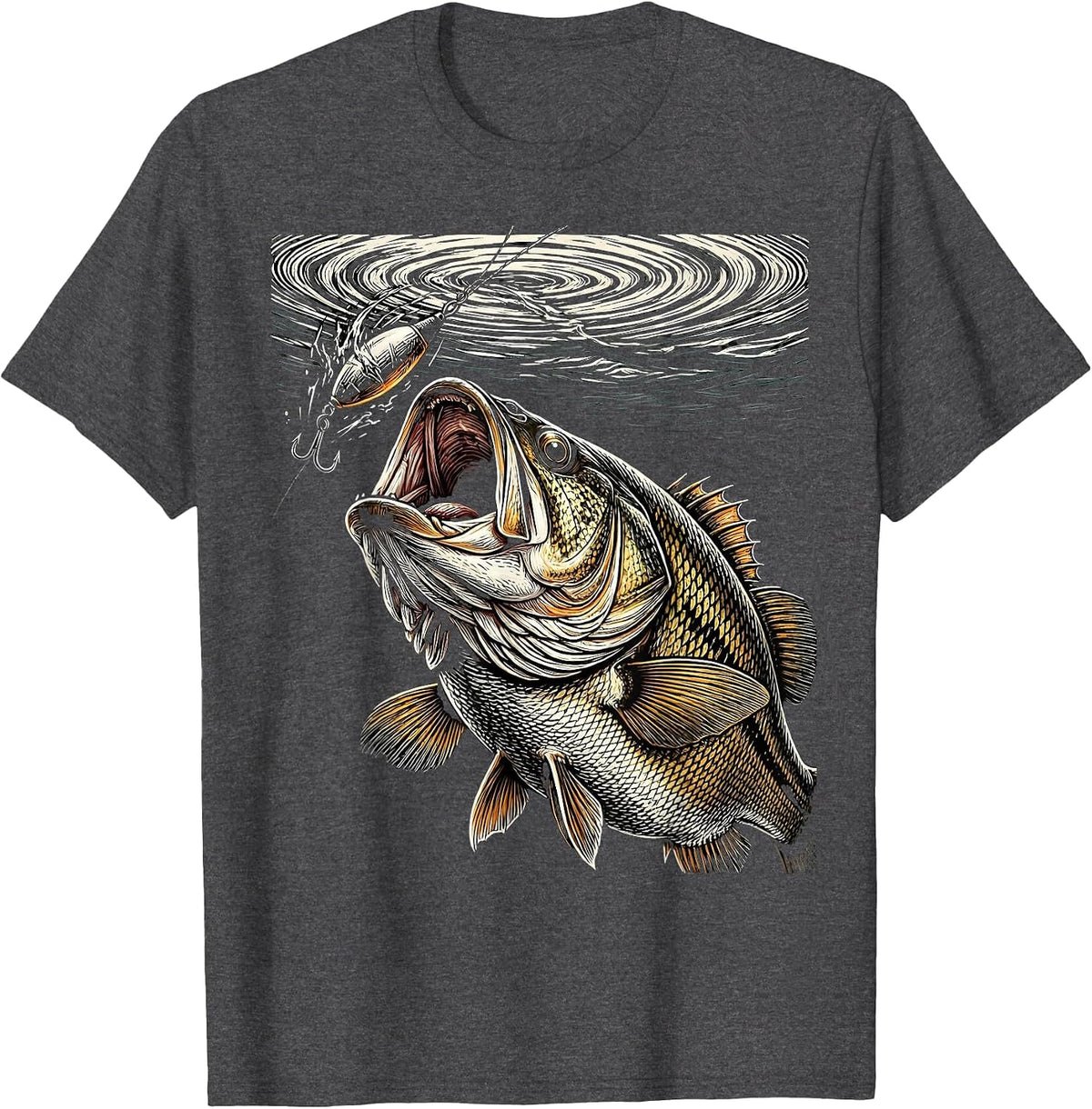 Bass Striking Lure Underwater View Fishing Graphic T-Shirt - Dark Heather Grey