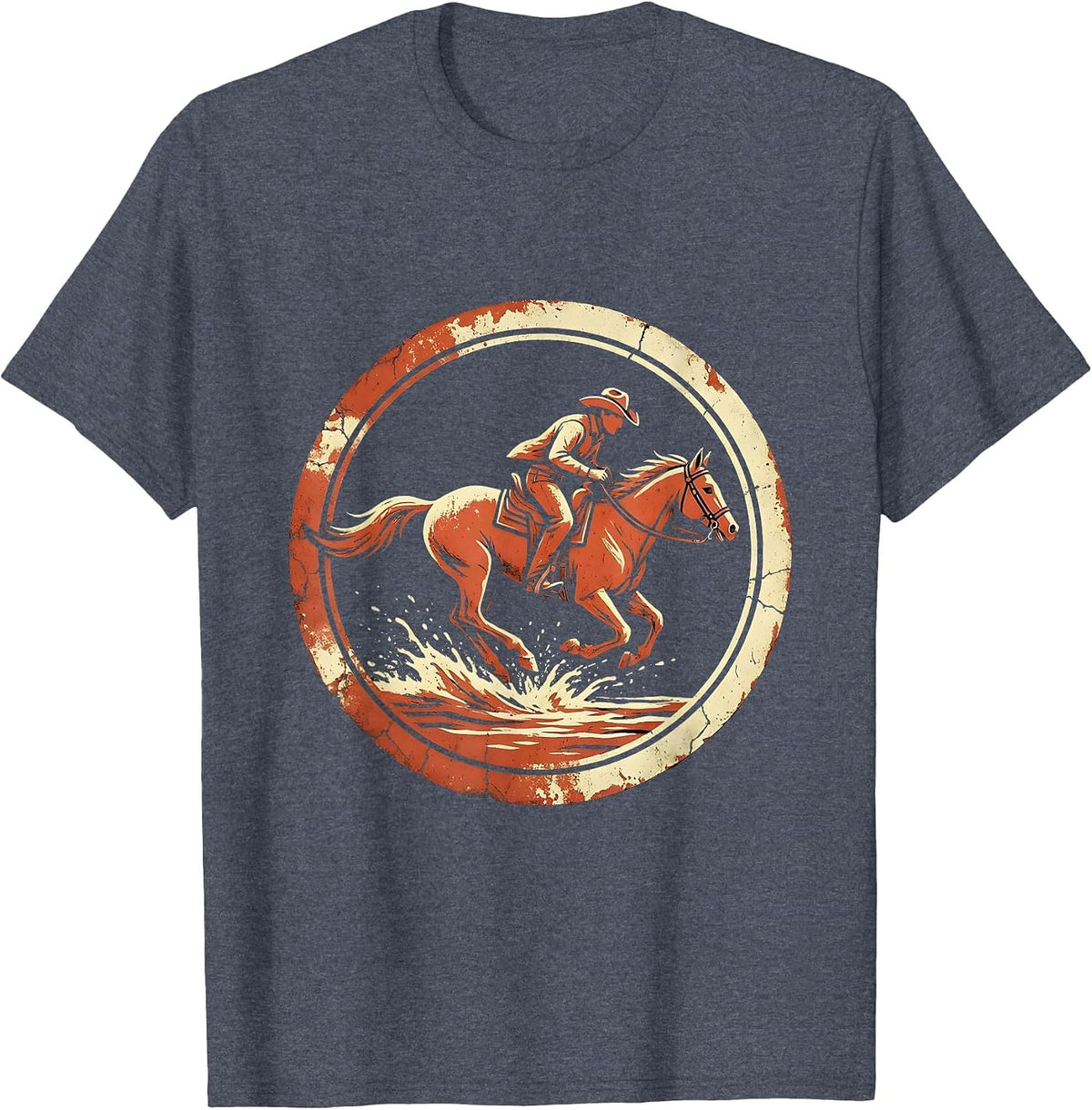Cowboy Riding Horse Through River Splash USA T-Shirt - Heather Blue