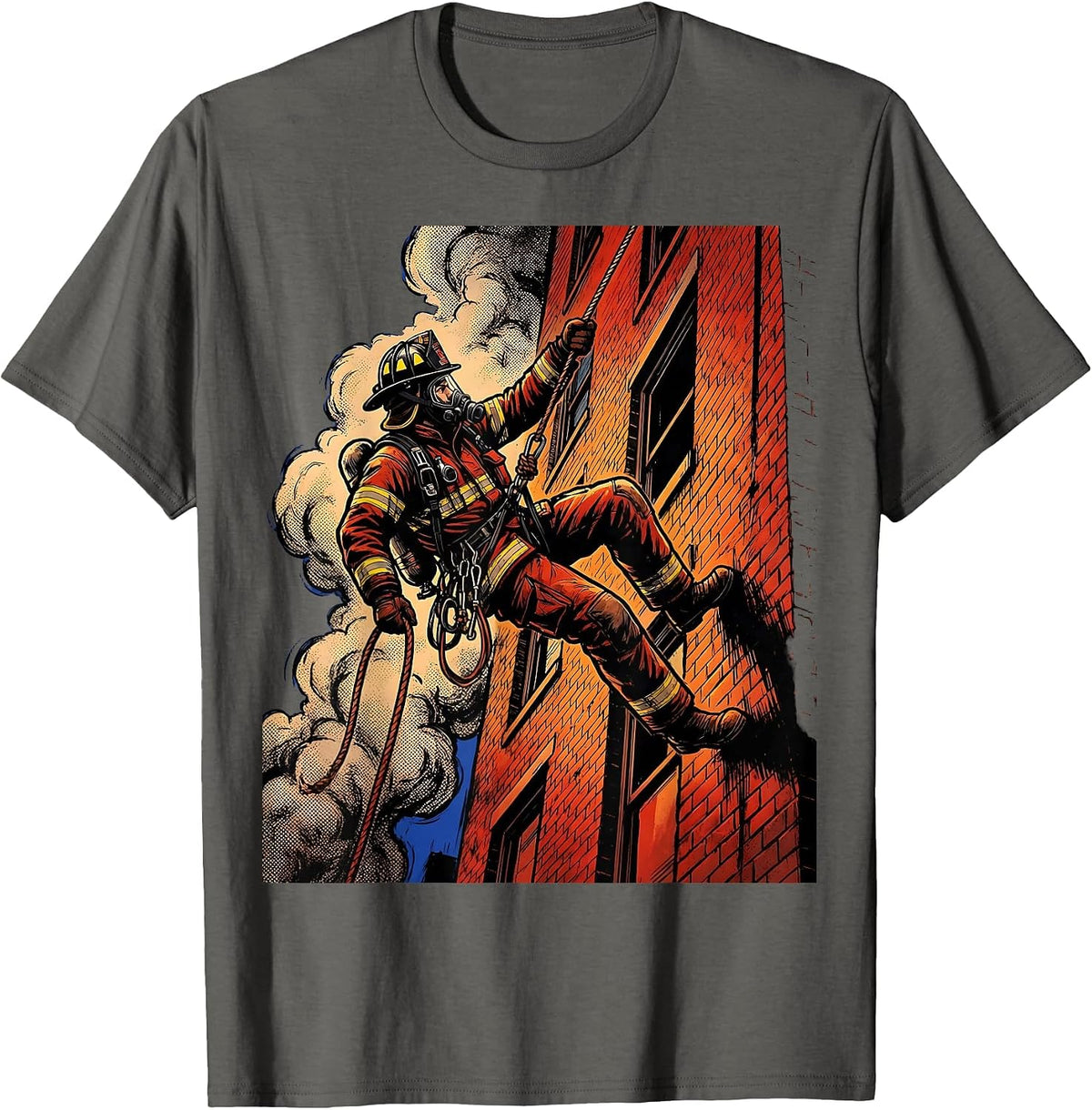 Firefighter Rappelling Smoke-Filled Building Graphic T-Shirt - Asphalt Grey