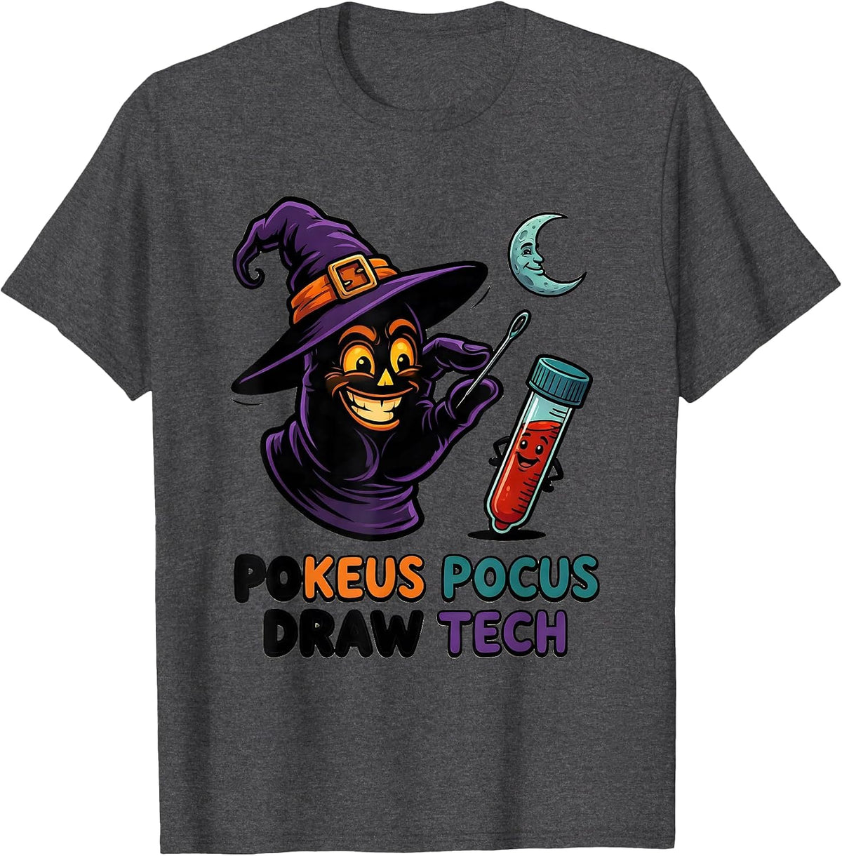 Men's Pokeus Pocus Draw Tech Funny Nurse Halloween Phlebotomist T-Shirt - Dark Heather Grey
