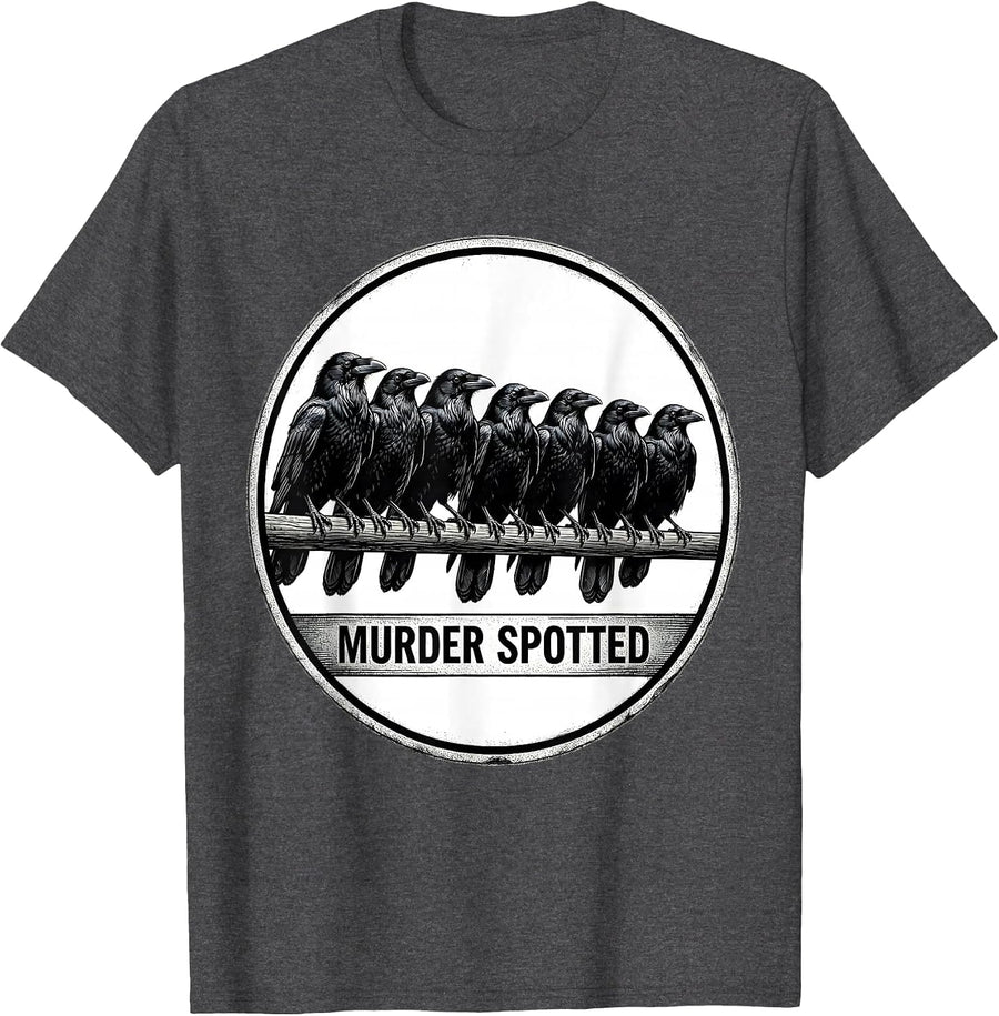 Men's MURDER SPOTTED Dark Humor Gothic Crow Lover Birding T-Shirt - Dark Heather Grey