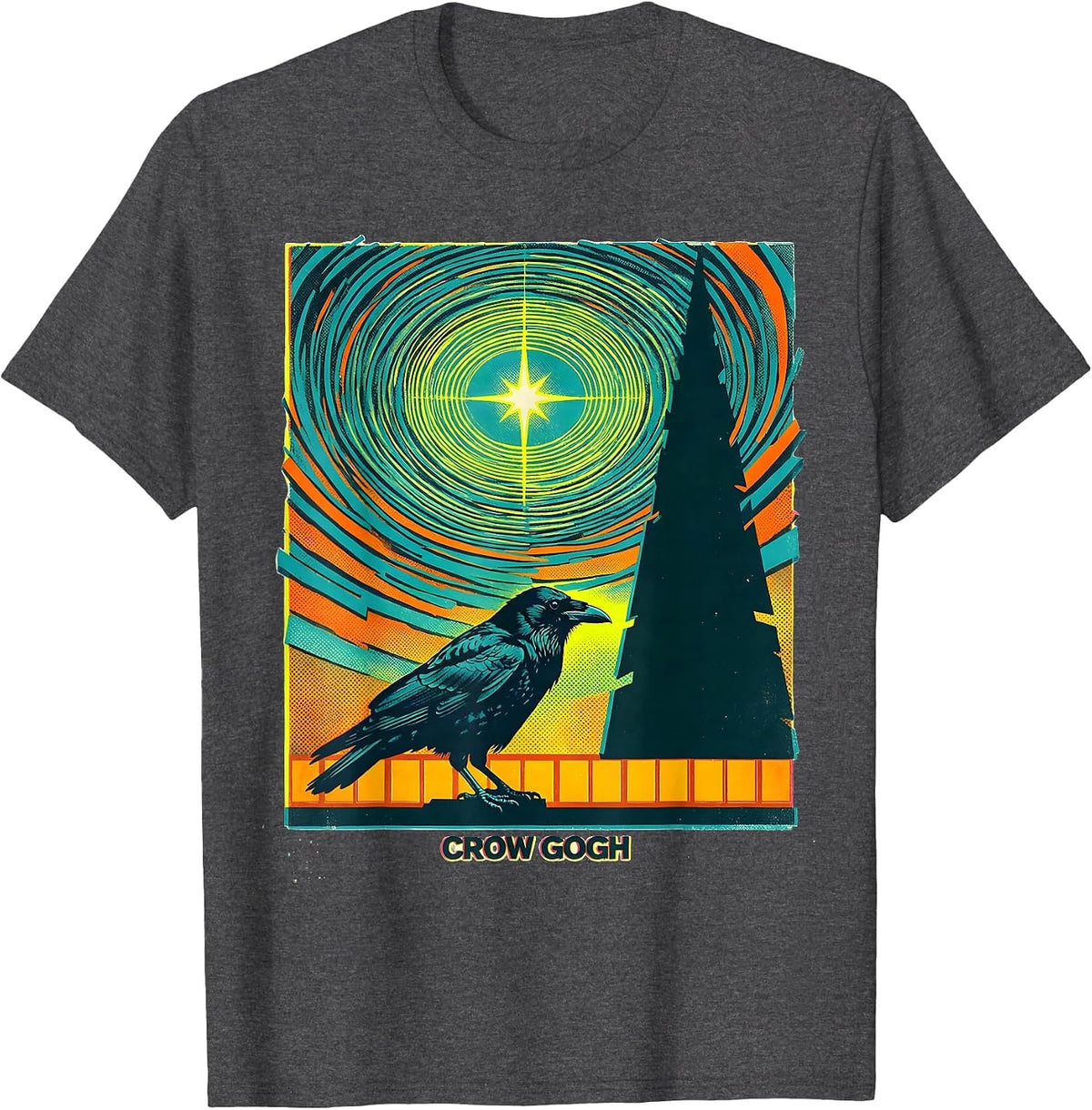Crow Gogh Risograph Art Lover Bird Enthusiast Gift T-Shirt - Dark Heather Grey