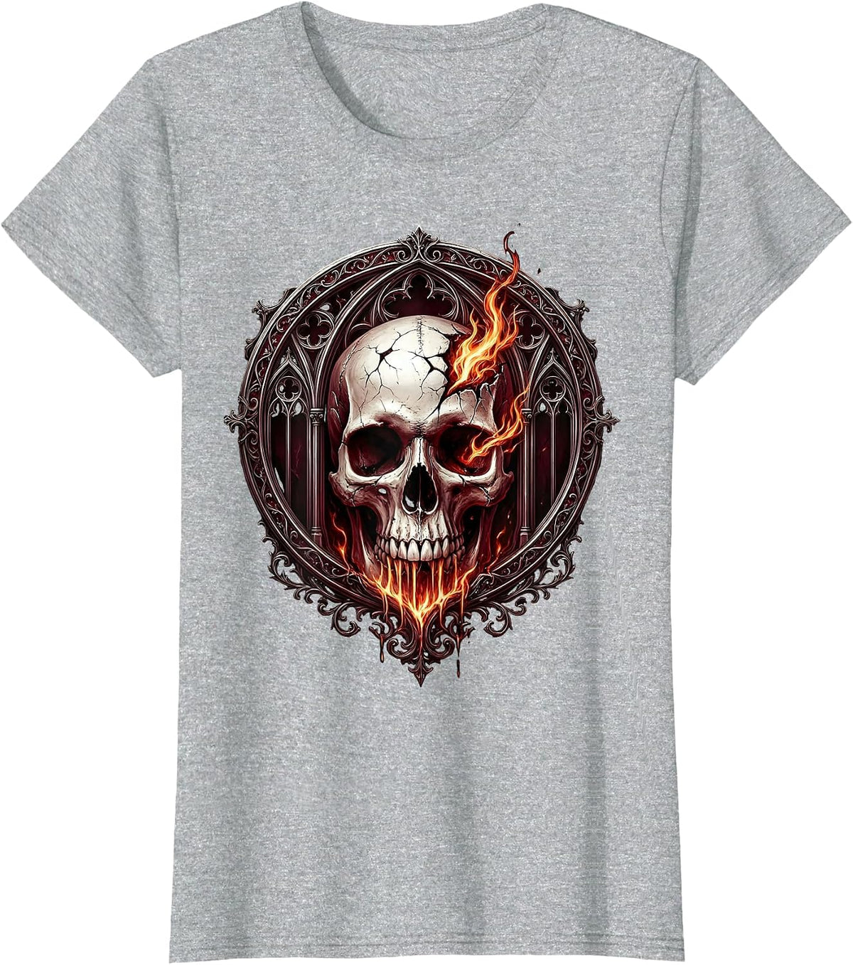 Cracked Skull Red Flames Dark Graphic Design T-Shirt - Heather Grey