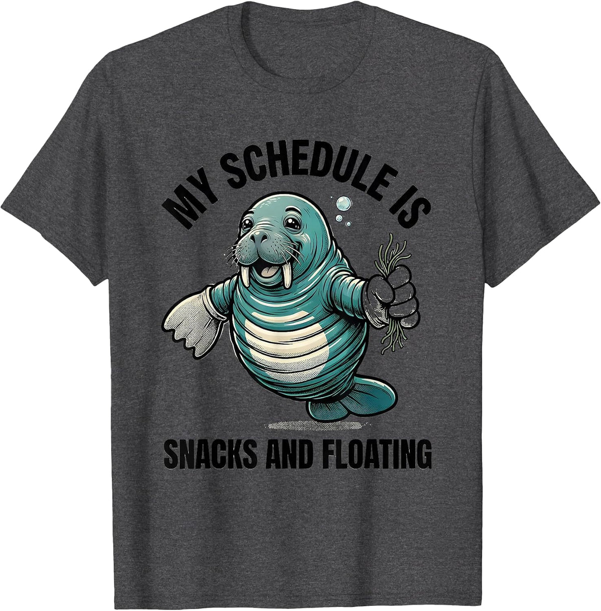 Men's My Schedule Is Snacks And Floating Funny Manatee Sea Animal T-Shirt - Dark Heather Grey
