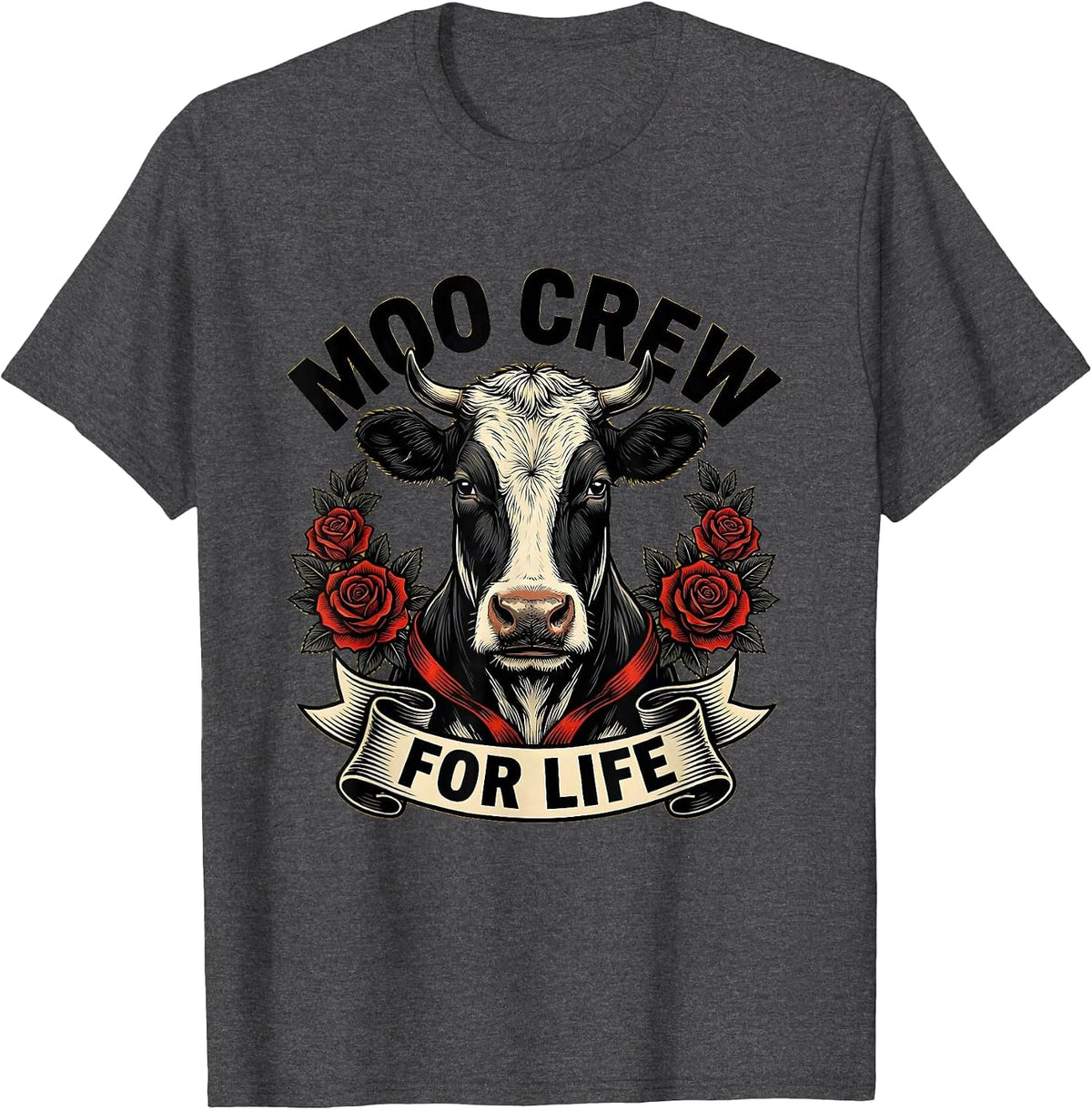 Men's Moo Crew For Life Funny Cow Lover Design T-Shirt - Dark Heather Grey
