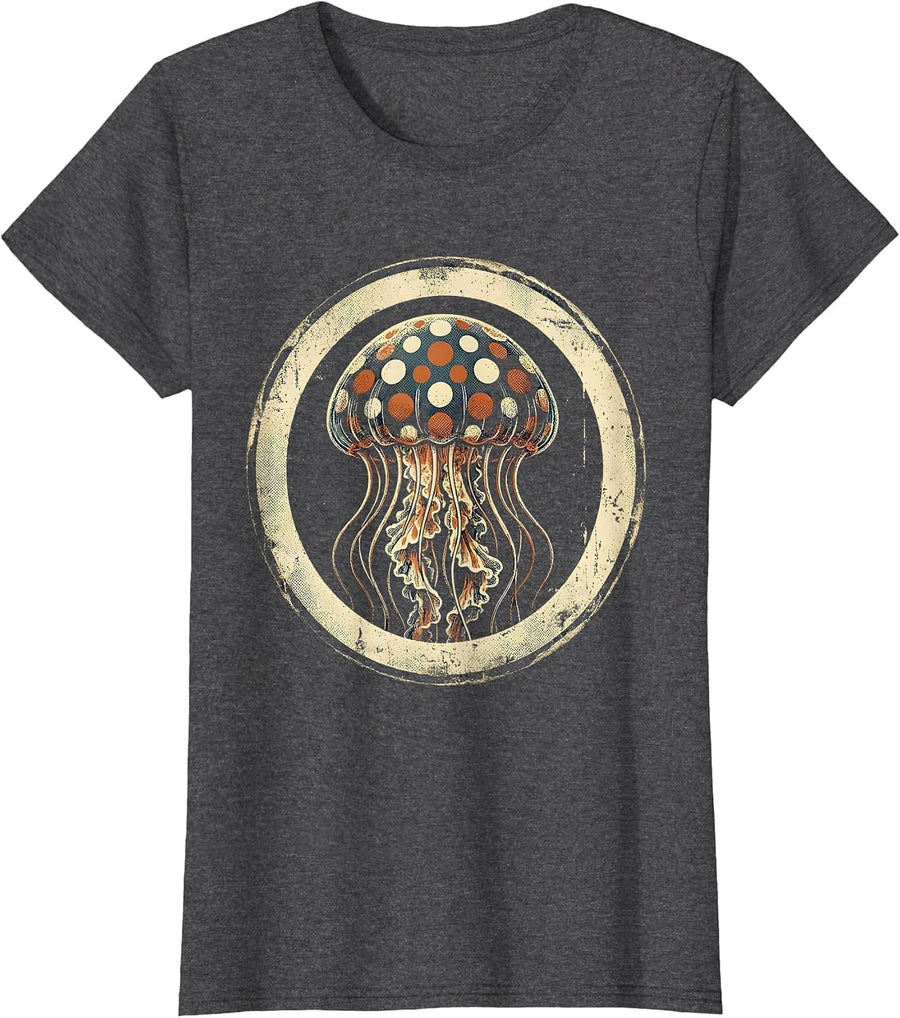 Women's Glowing Polka Dot Jellyfish Illustration T-Shirt - Dark Heather Grey