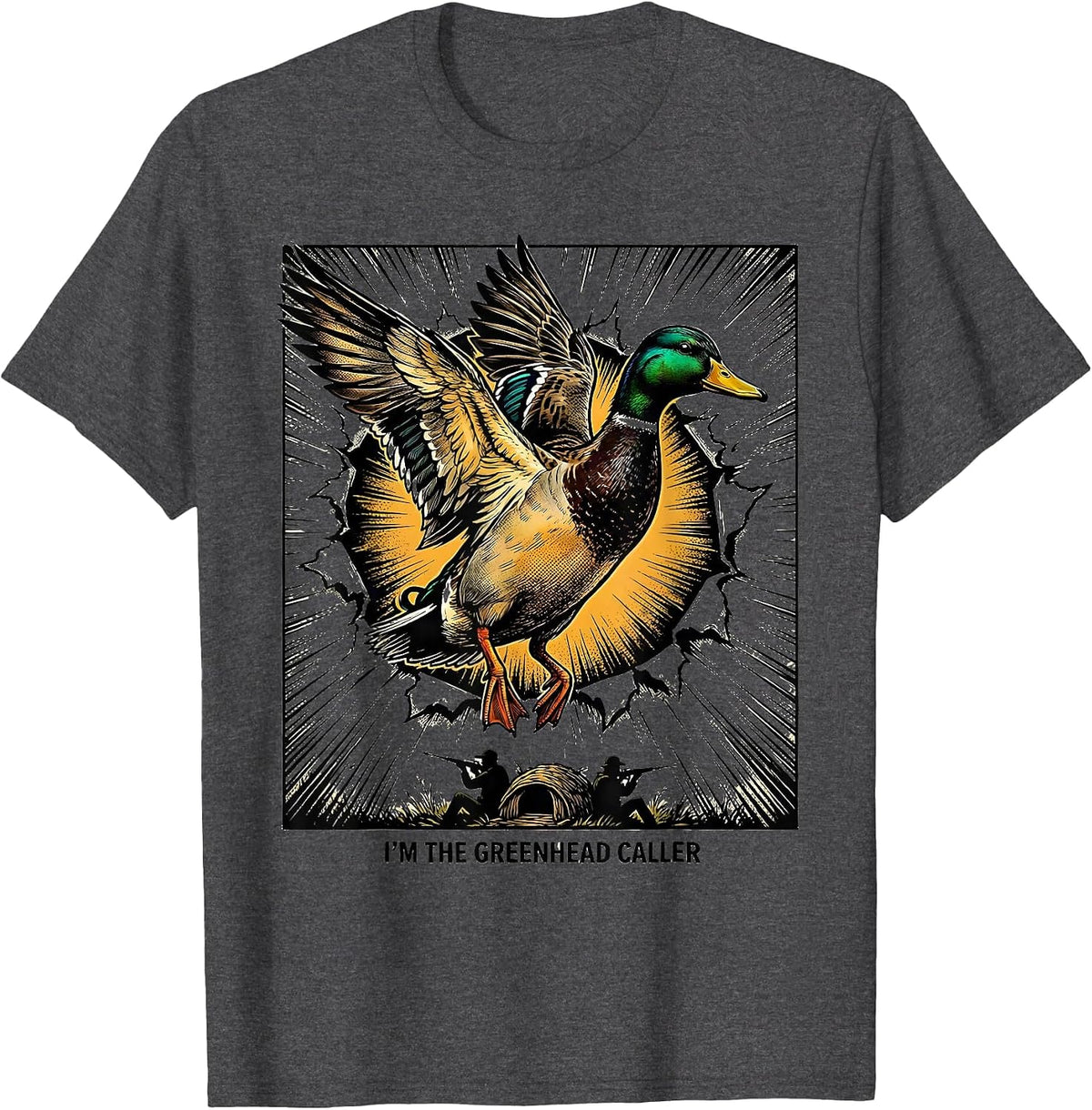 Men's I'm The Greenhead Caller Comic Book Mallard Duck Hunting Dad T-Shirt - Dark Heather Grey