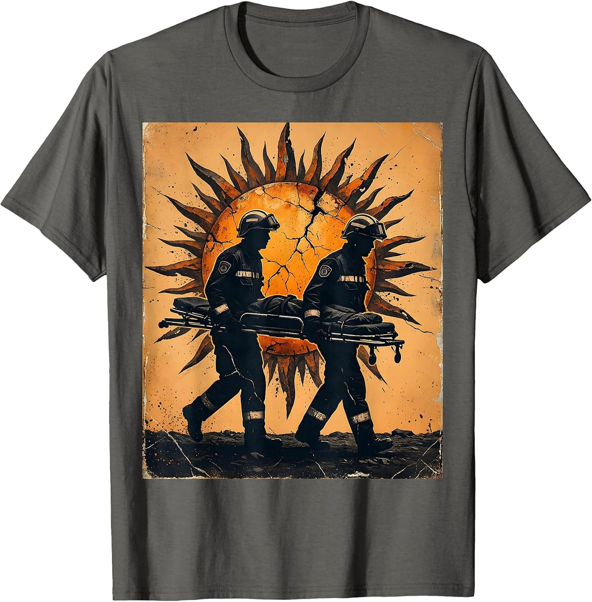 Men's EMT Paramedic Silhouette Sunset Stretcher Design T-Shirt - Asphalt Grey