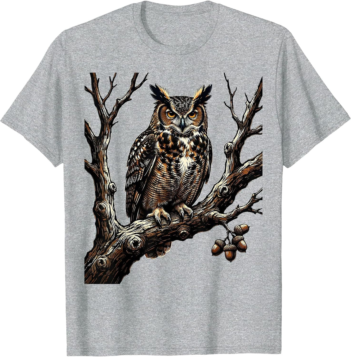 Men's Owl on Bare Oak Branch Fall Nature Illustration T-Shirt - Heather Grey