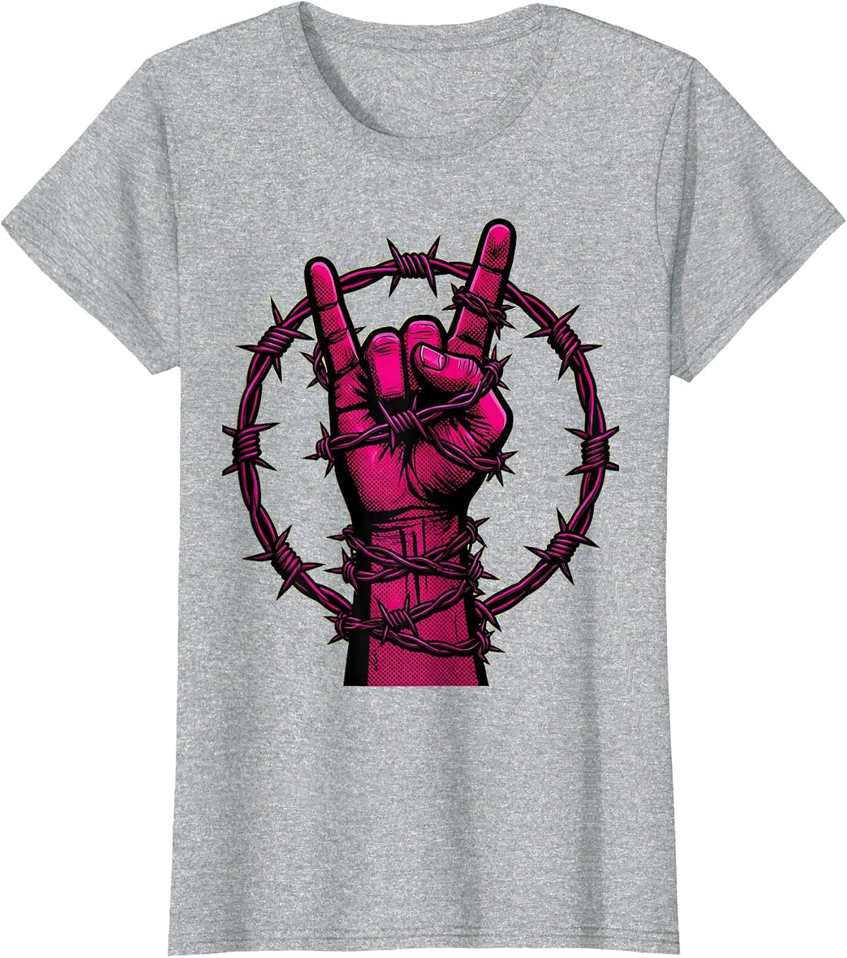 Punk Devil Horns Barbed Wire Rock Graphic T-Shirt - Heather Grey