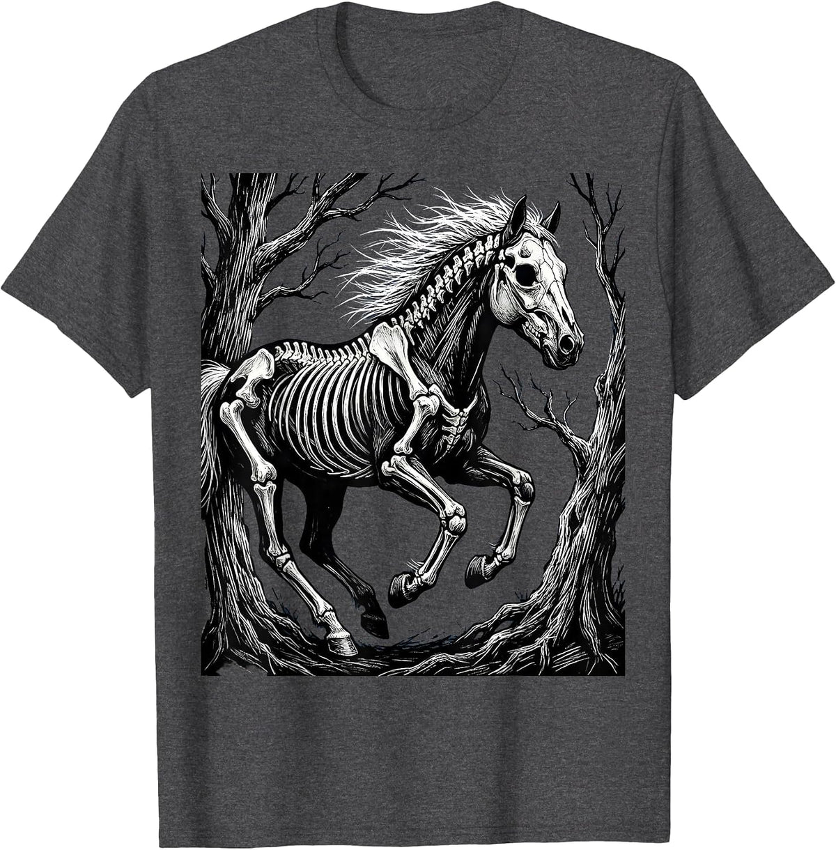 Skeleton Horse Running Through Dark Forest T-Shirt - Dark Heather Grey