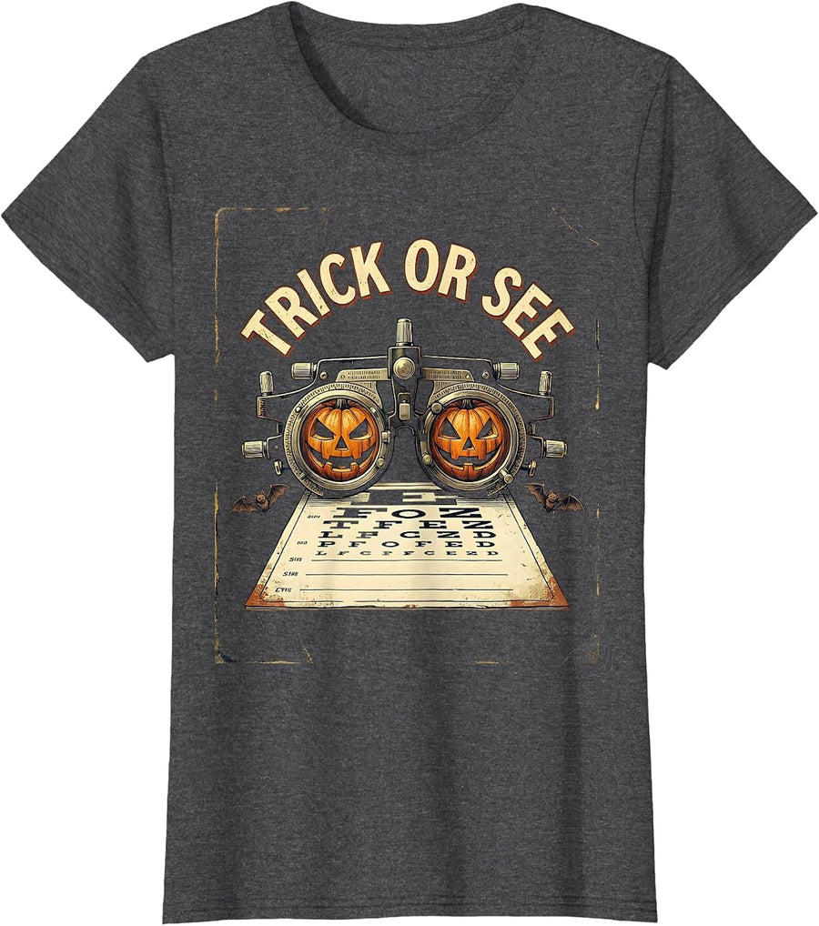Women's Trick or See Vintage Halloween Optometrist Eye Doctor Humor T-Shirt - Dark Heather Grey