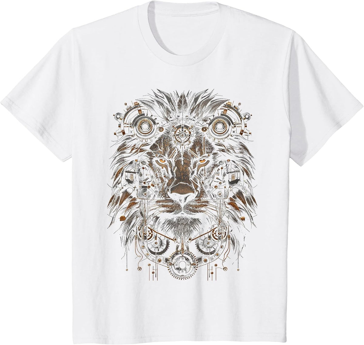 Steampunk Lion Bronze and Black Artwork Graphic T-Shirt - White