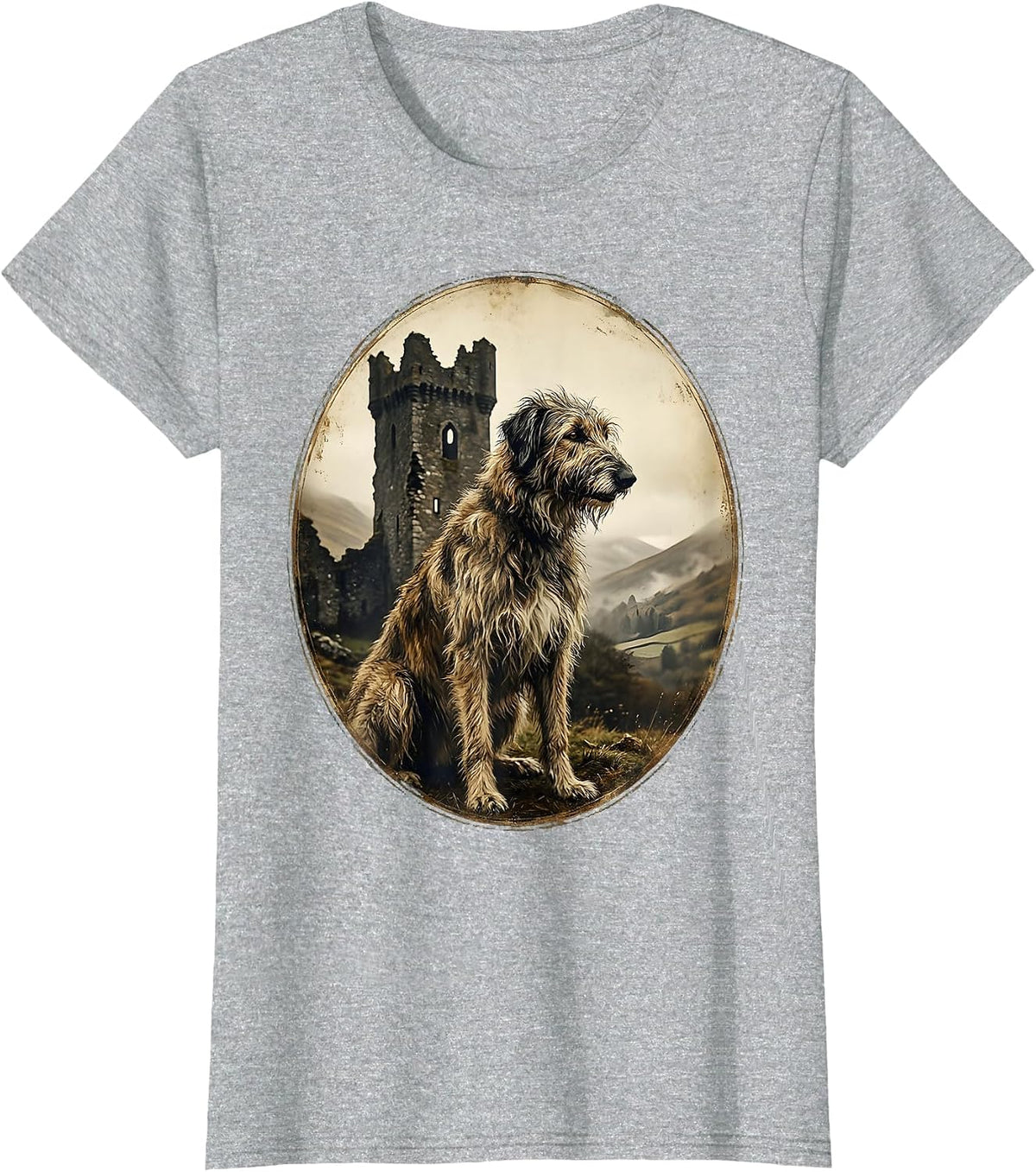 Irish Wolfhound Ruined Castle Ireland Graphic T-Shirt - Heather Grey