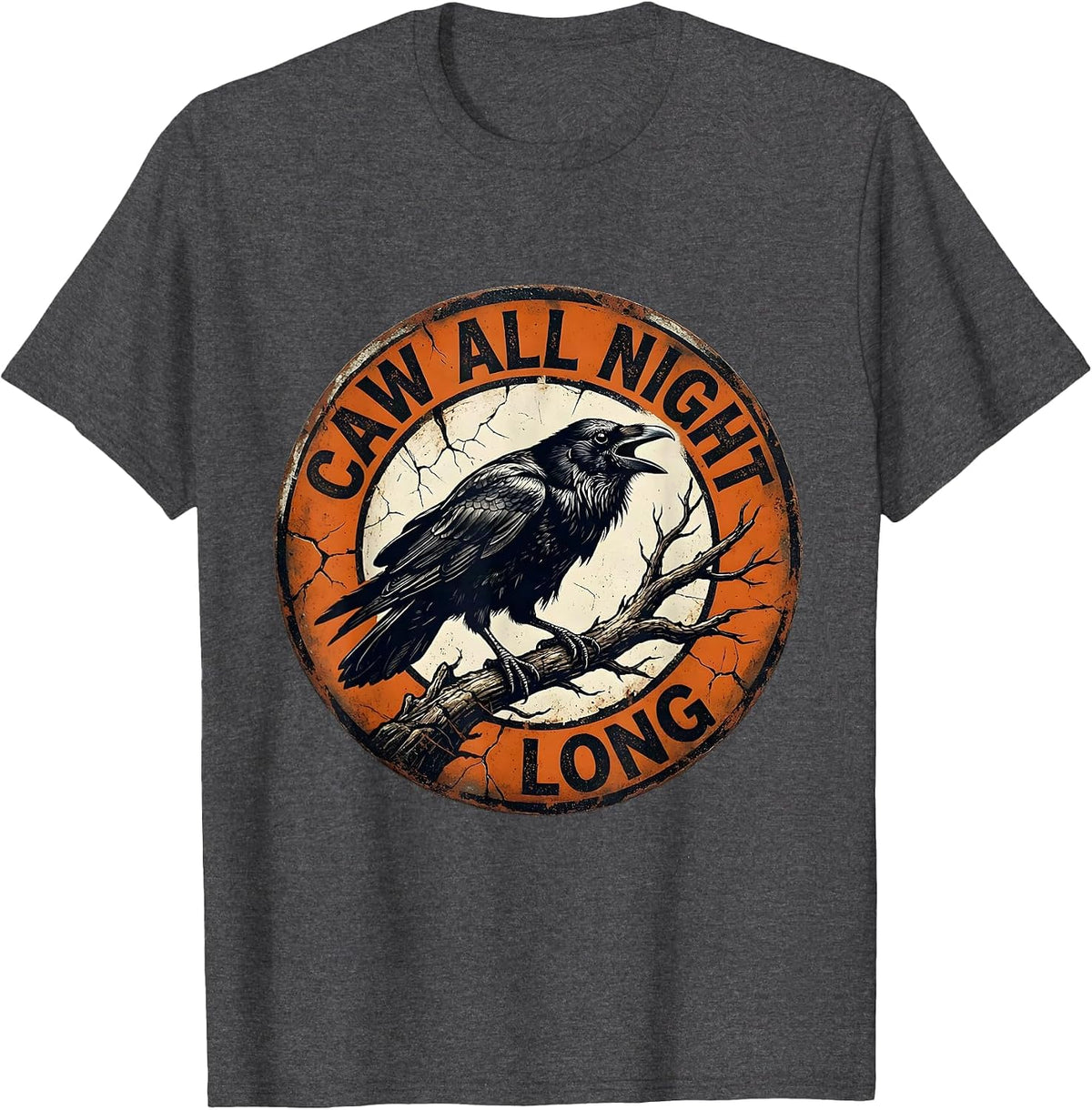 Men's CAW All Night Long Crow Night Owl Design T-Shirt - Dark Heather Grey