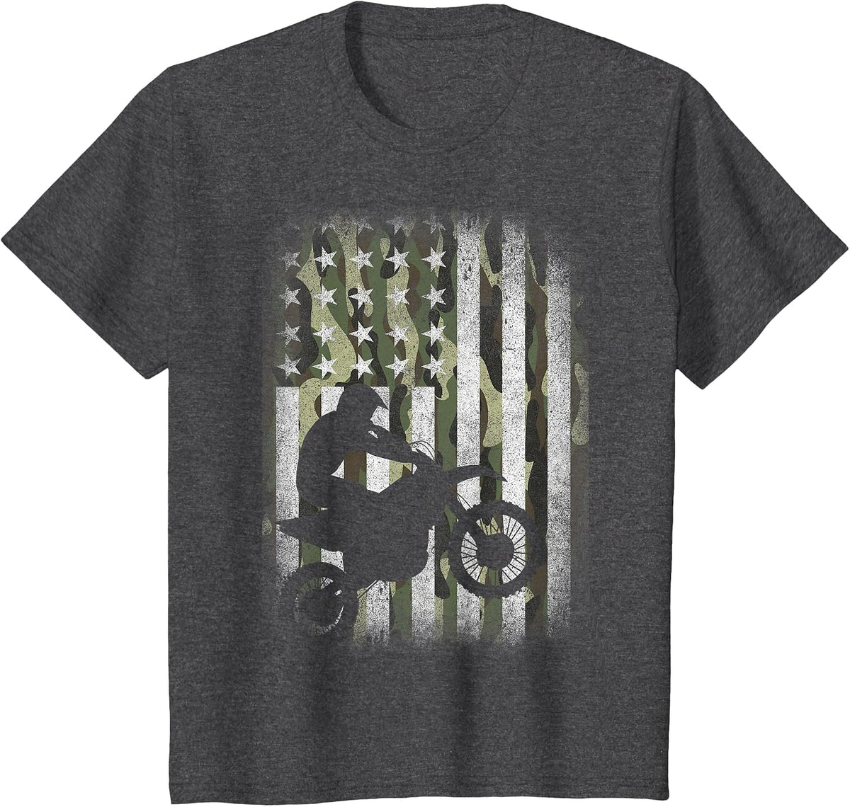 Camo Motocross Dirt Bike Racing Camouflage American US Flag T-Shirt - Dark Heather Grey