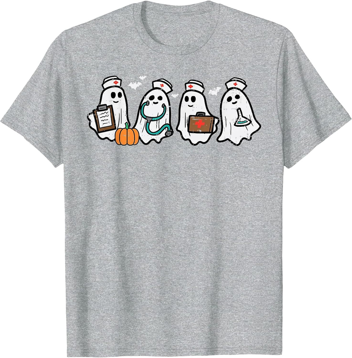 Ghost Nurses Halloween Crew Funny Costume Scrub Top Women T-Shirt - Heather Grey