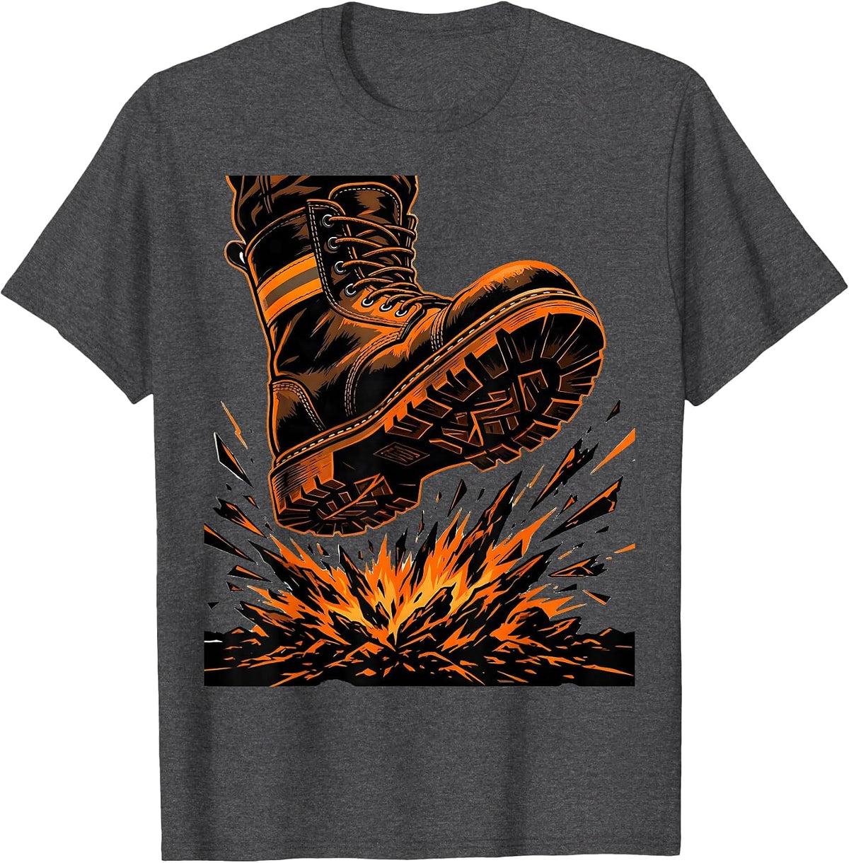 Men's Firefighter Boot Stomping Embers Graphic Tee T-Shirt - Dark Heather Grey
