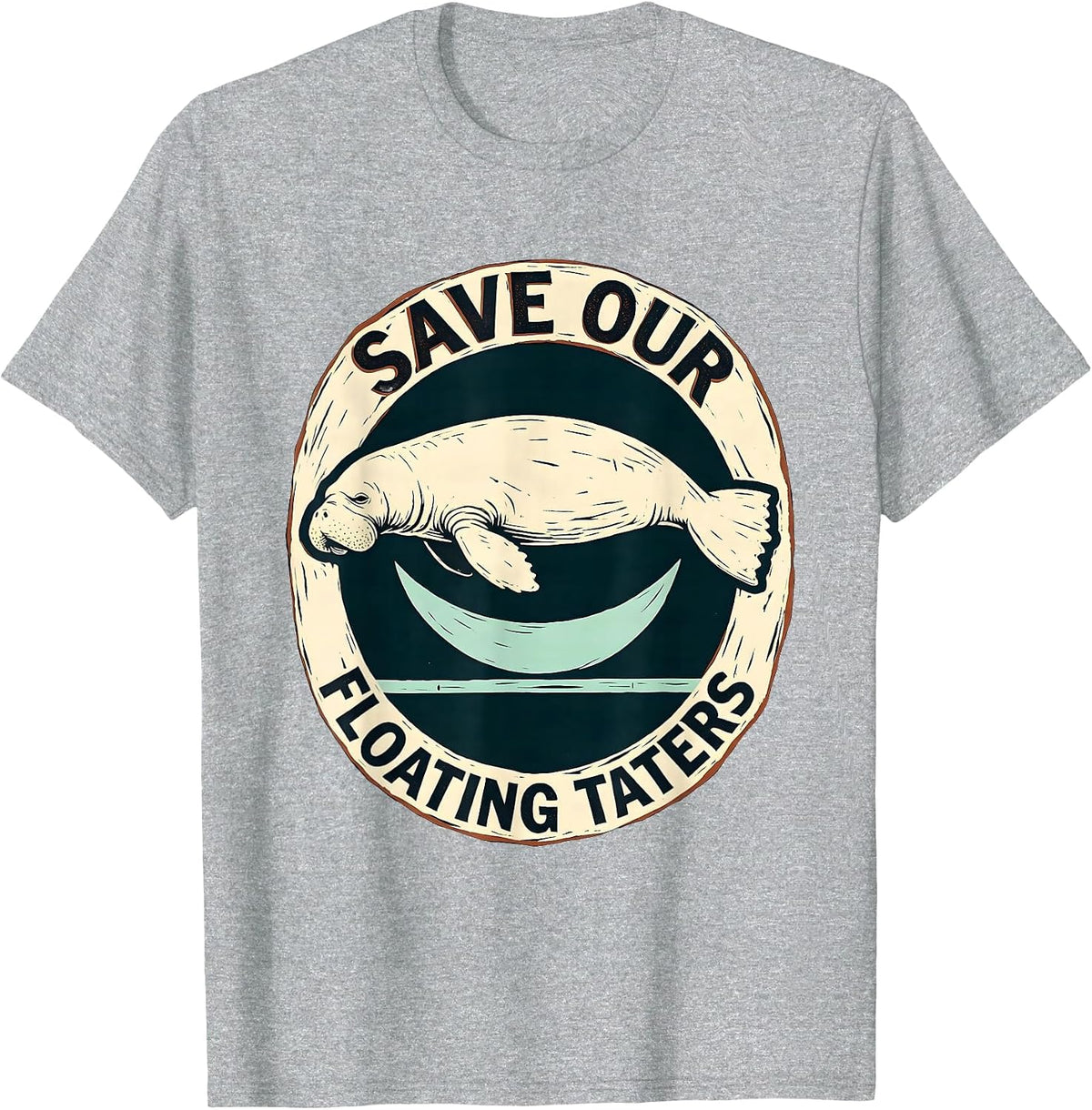 Men's Save Our Floating Taters Linocut Manatee Sea Cow Pun Humor T-Shirt - Heather Grey